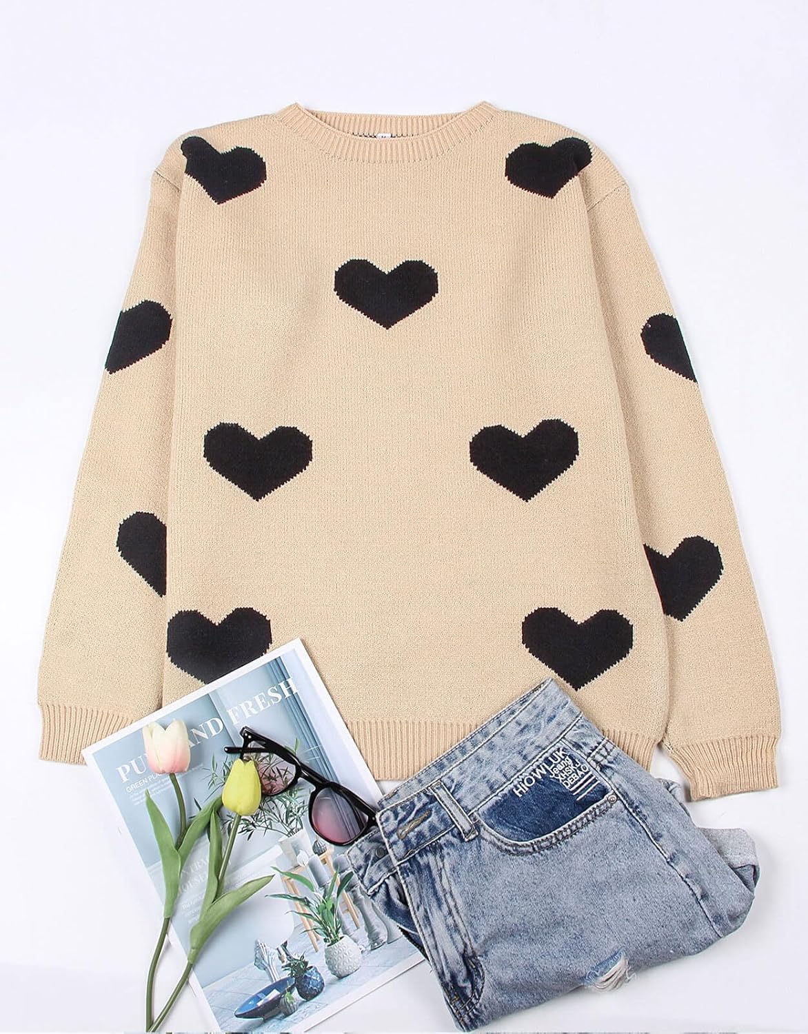 Alsol Lamesa Women's Cute Heart Sweater Crew Neck Long Sleeve Pullover Valentines Sweaters for Women