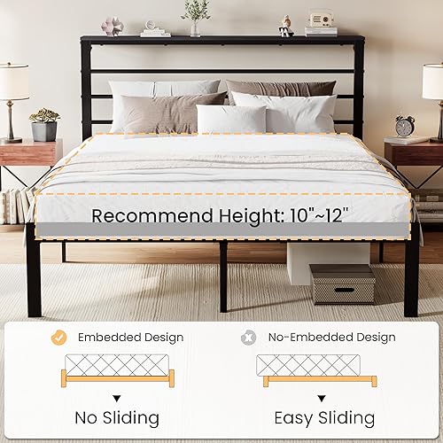 Miniatura 7 de SHA CERLIN Base de cama de tamaño matrimonial con estante de cabecera y base de metal resistente, no necesita somier, color negro