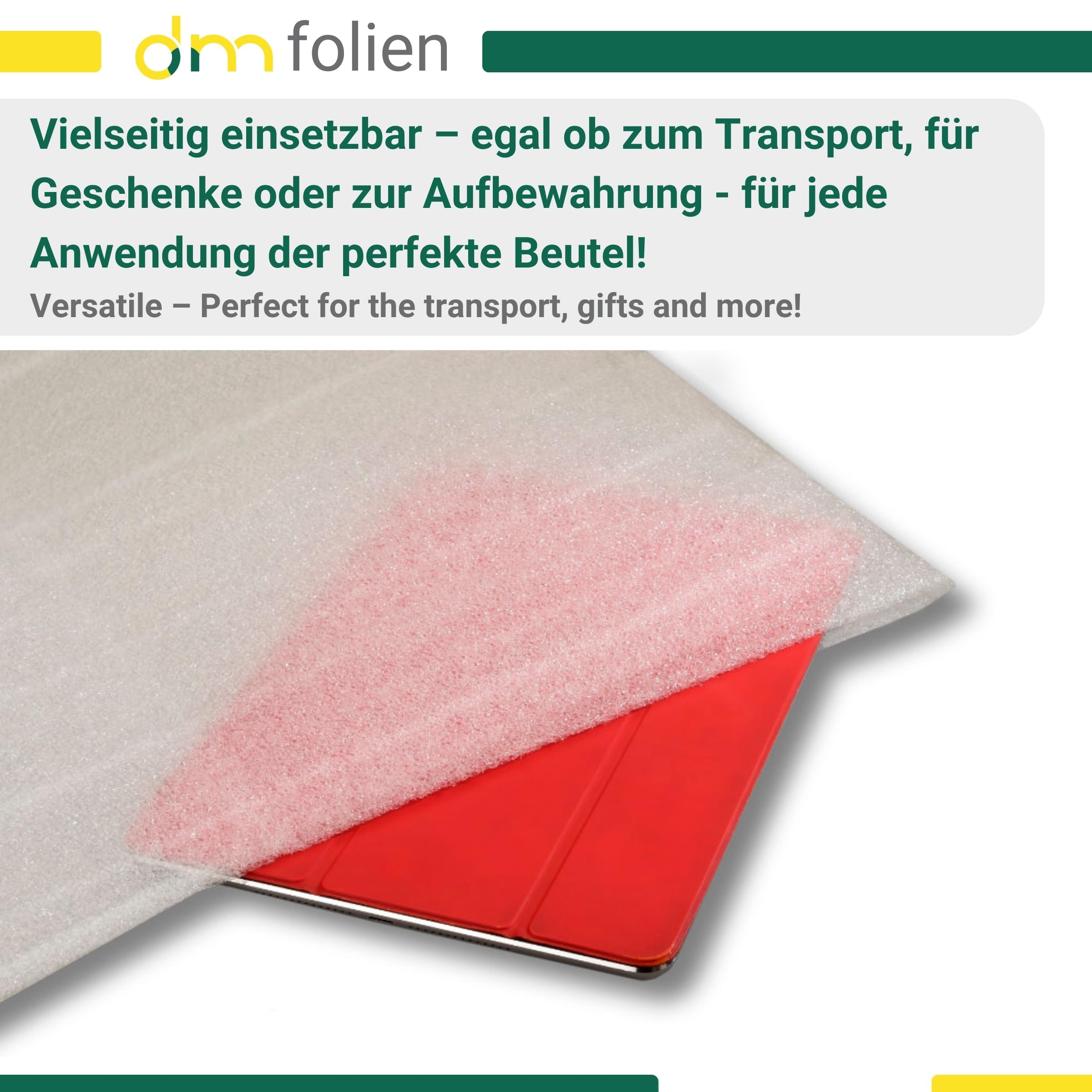 dm-folien Schaumbeutel I 40 x 60 cm I Wiederverwendbare Beutel aus PE-Schaum I Flexible Schaumfolie für Geschirr I Verpackungsmaterial für Umzug I 100 % recycelbar & lebensmittelkonform