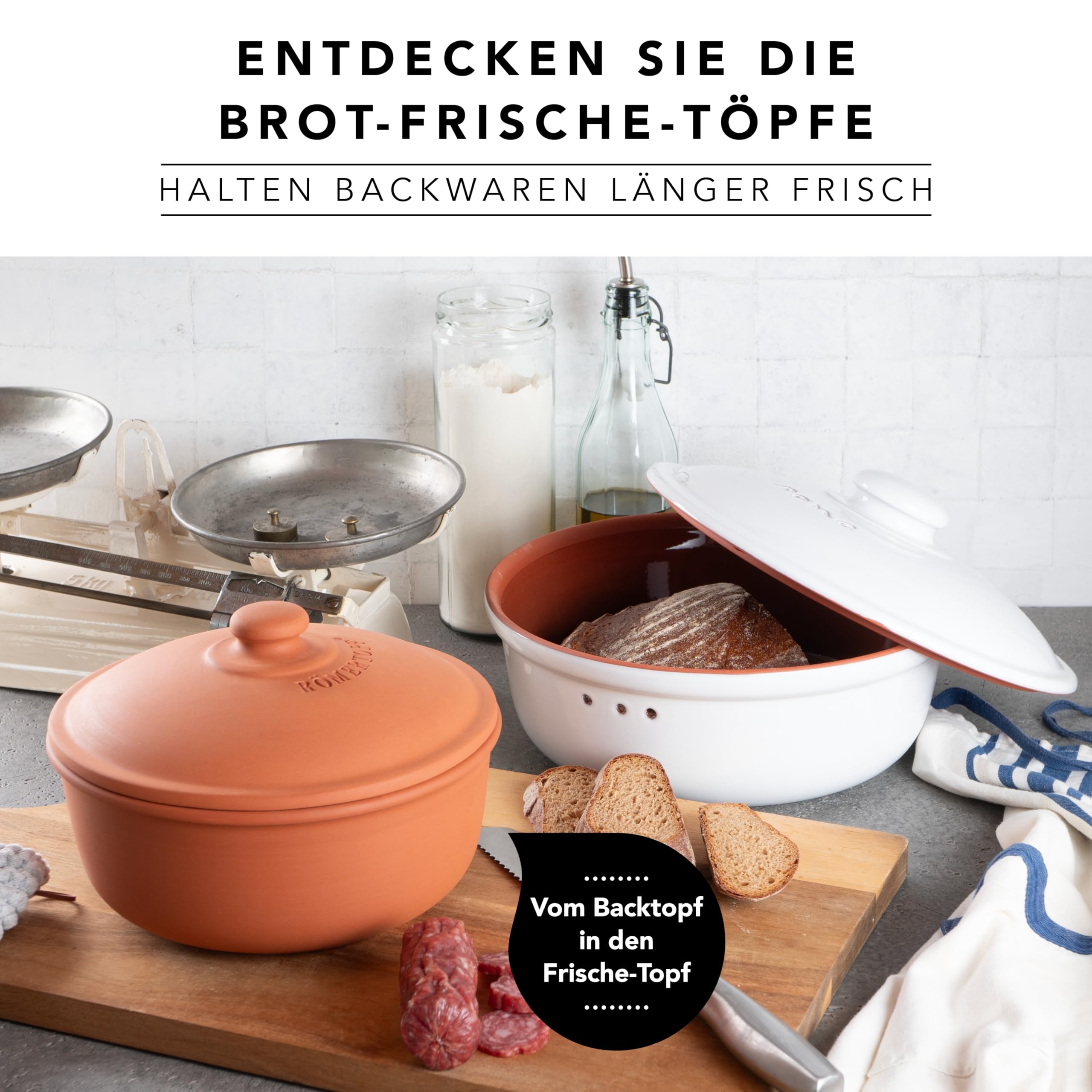 Römertopf Brot-Back-Topf aus Naturton, Ø 23 cm, runde Brotbackform mit Deckel, glasiertes Unterteil, unglasierter Deckel für Dampf/Schwaden, knusprige Kruste & luftige Krume, ofenfest