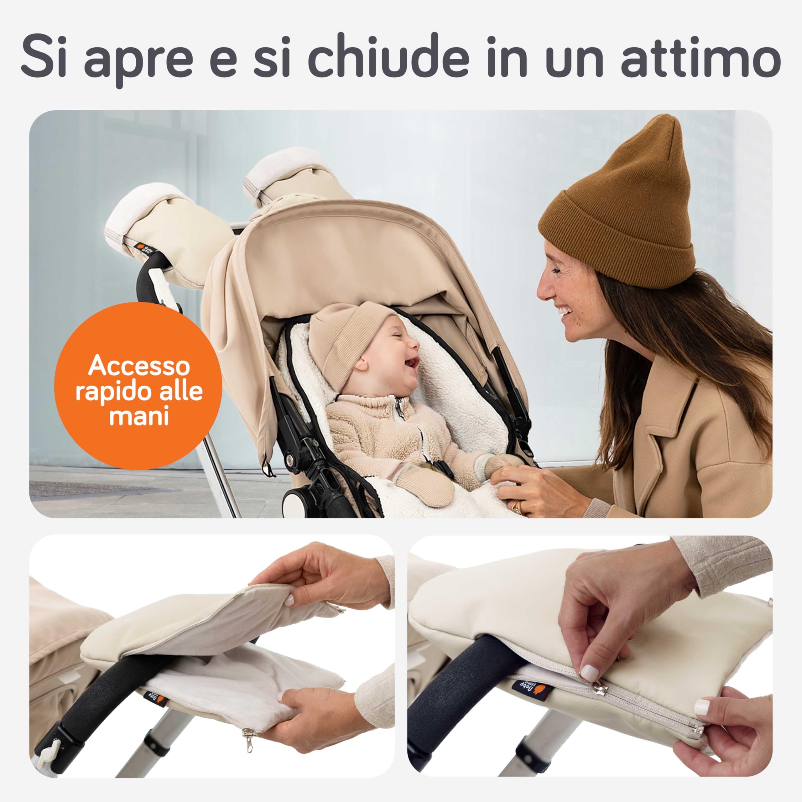 Baby Uma Guanti Passeggino Scaldamani – Guanti per Passeggino Inverno Imbottiti in Pile Ultra Morbido, Esterno in Ecopelle Impermeabile e Antivento, Universali con Cerniere Laterali (Beige)