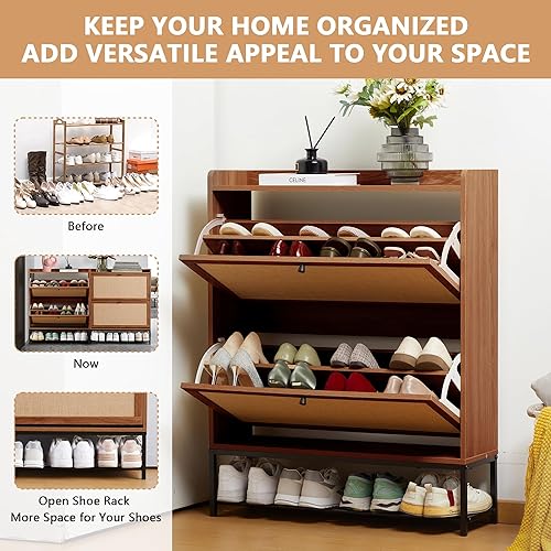 Miniatura 6 de LEVNARY Zapatero con 2 cajones abatibles, estantes estrechos de madera para zapatos, organizador de zapatos independiente oculto con patas de metal