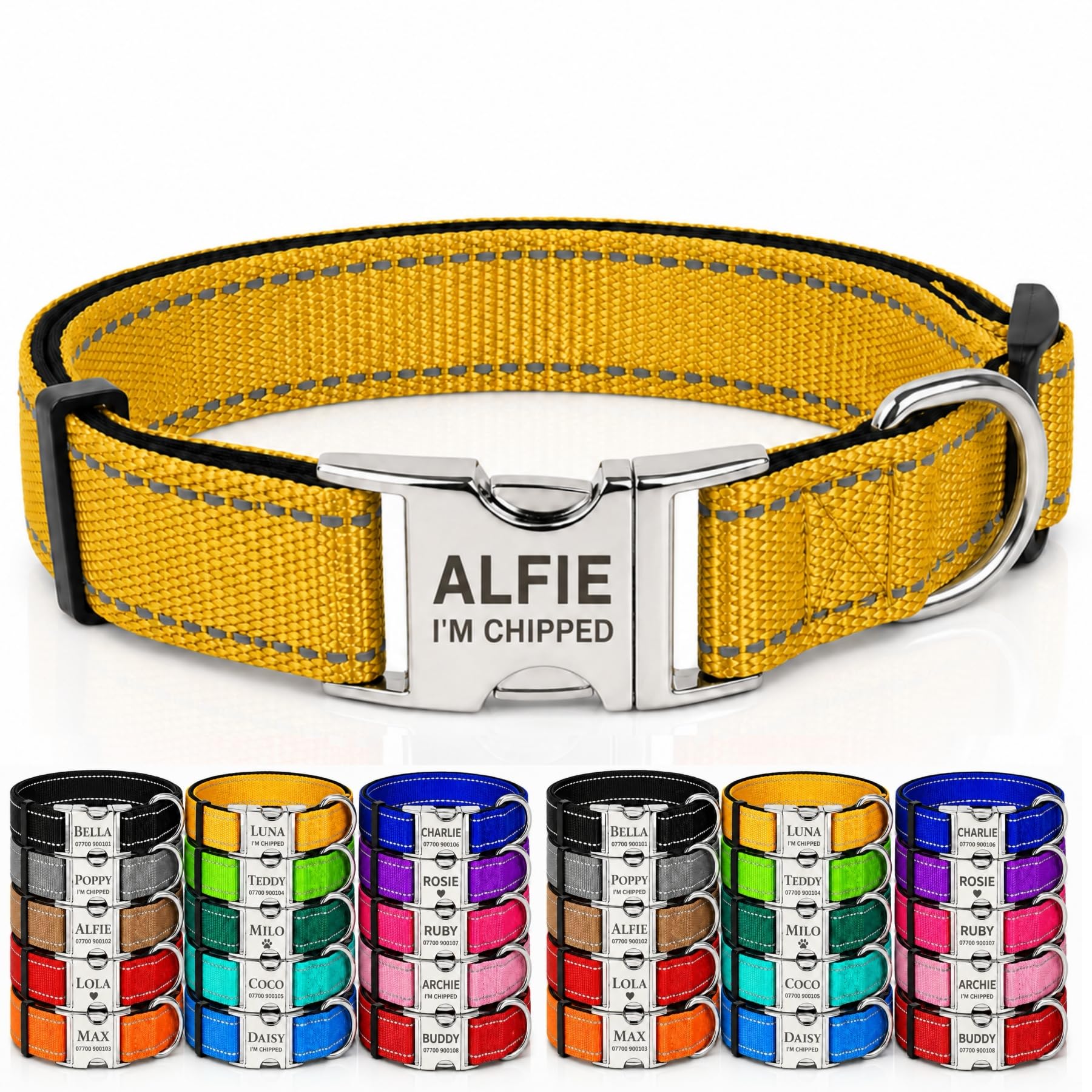 Personalised Pet Nylon Collar Custom Reflective Dog Collar Deeply Engraved In UK Name and Phone Number Adjustable Soft Collar Padded Collar For Small Medium Large Dogs Cats Sheep for Night Walking
