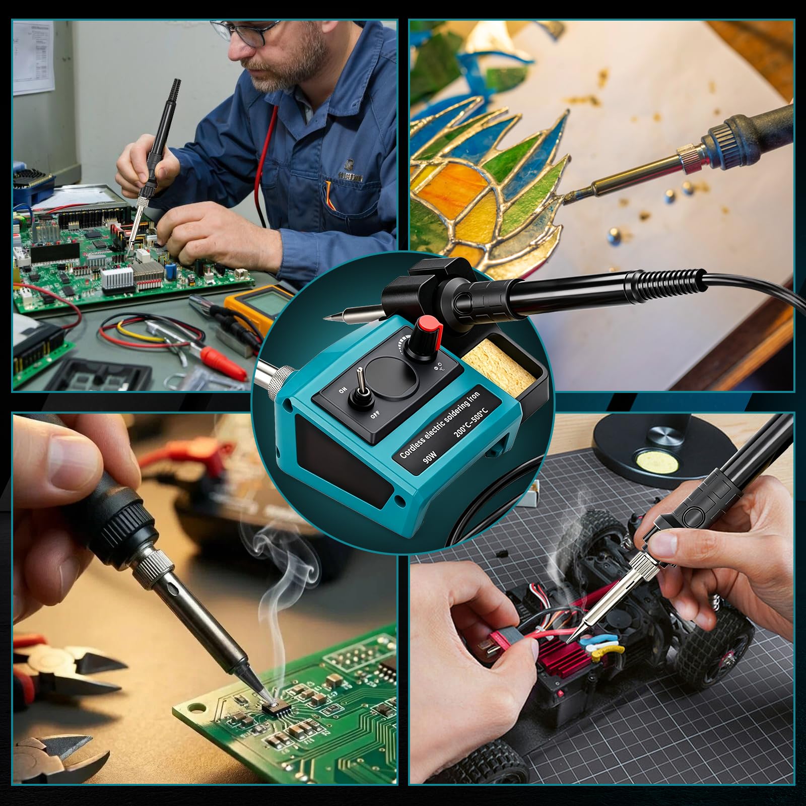 Stazione Saldante a Batteria per Makita 18V (senza Batteria) | 90W, Kit Saldatore, Temperatura 200–500°C, Display LCD, 5 Punte, Bobina Filo, per Fai-da-te
