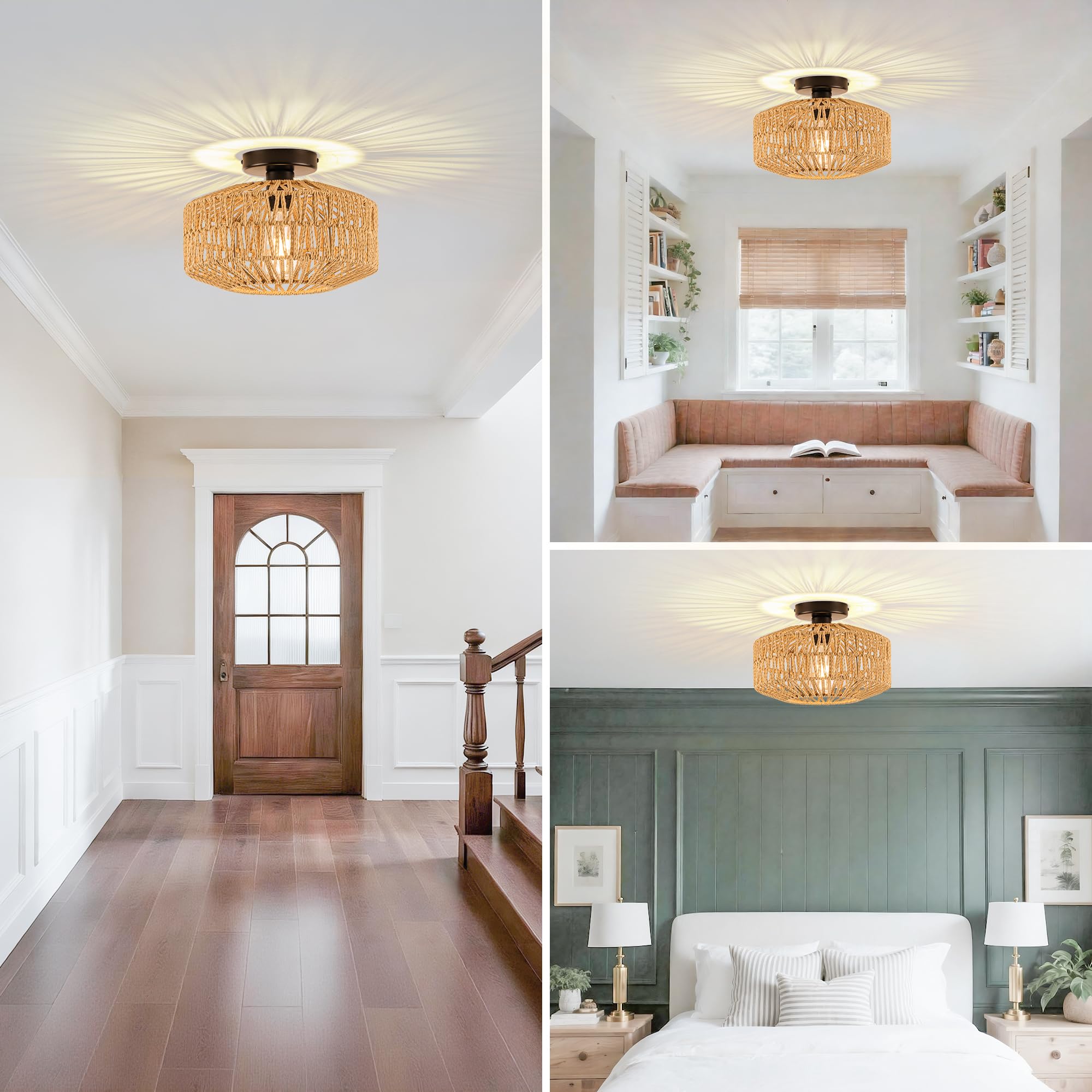 Boho Deckenleuchte Laternenform Ø30 cm Rattan Optik Metall, 800 Lumen Warmweiß (2700K), Vintage Deckenlampe für Flur Wohnzimmer Schlafzimmer, E27 Fassung inkl. 8W LED [Energieklasse E]