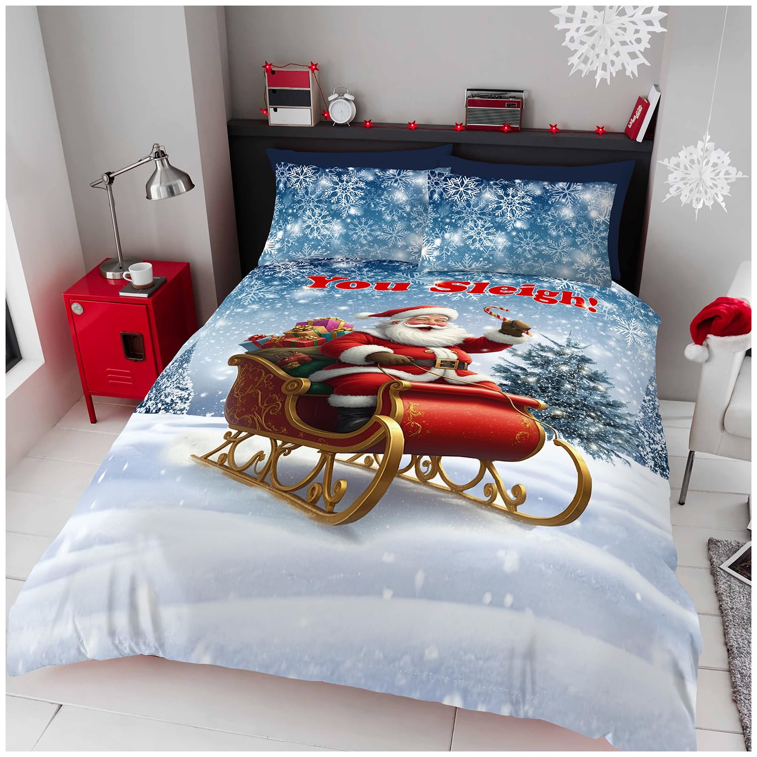 GC GAVENO CAVAILIA Xmas Santa Sleigh Duvet Cover - Festive Christmas Double Bedding Set with Pillowcases - Soft Hypoallergenic Polyester Quilt Cover Bed Set (200x200 cm) - Easy Care Winter Bed Linen