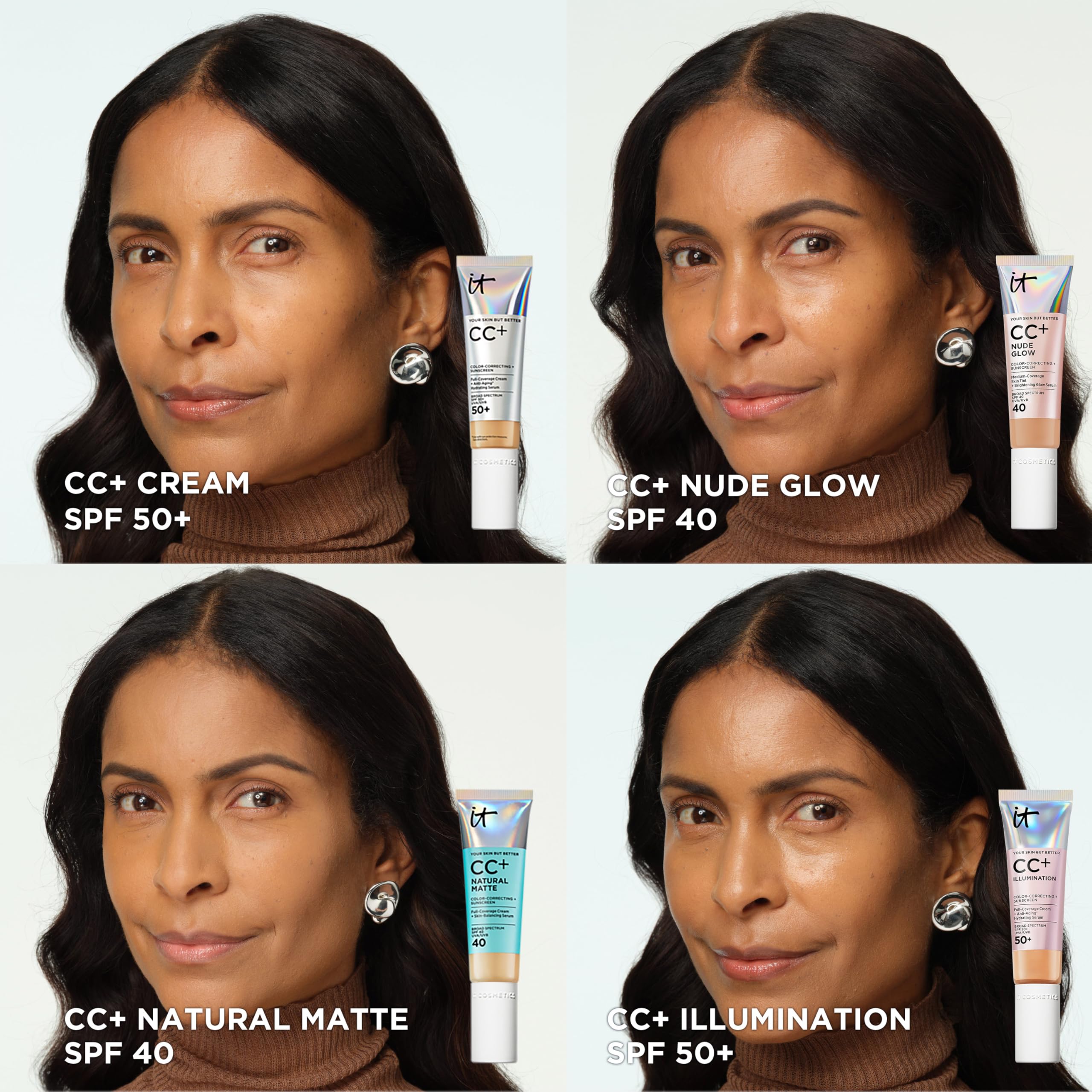 IT Cosmetics, Base de Maquillaje, Tratamiento Antiedad e Hidratante con SPF40, Cobertura Media, Acabado Luminoso, 12 Tonos Disponibles, Light, YSBB CC+ Nude Glow, 32 ml