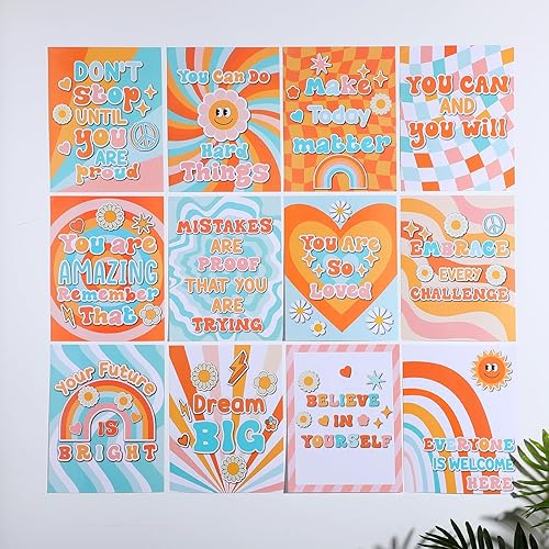 Miniatura 3 de Nezyo 12 pósteres retro Groovy para aula, diseño de flores hippie bohemias, decoración de tablón de anuncios, póster educativo para guardería,