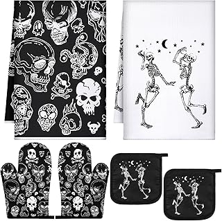 Leinuosen 6 Pcs Gothic Christmas Kitchen Decor Set, Skull Kitchen Dish Towels Spooky Christmas Oven Mitts and Pot Holders Set for Horror Creepy Xmas Party Decor Gifts(Classic Color,Skeleton)