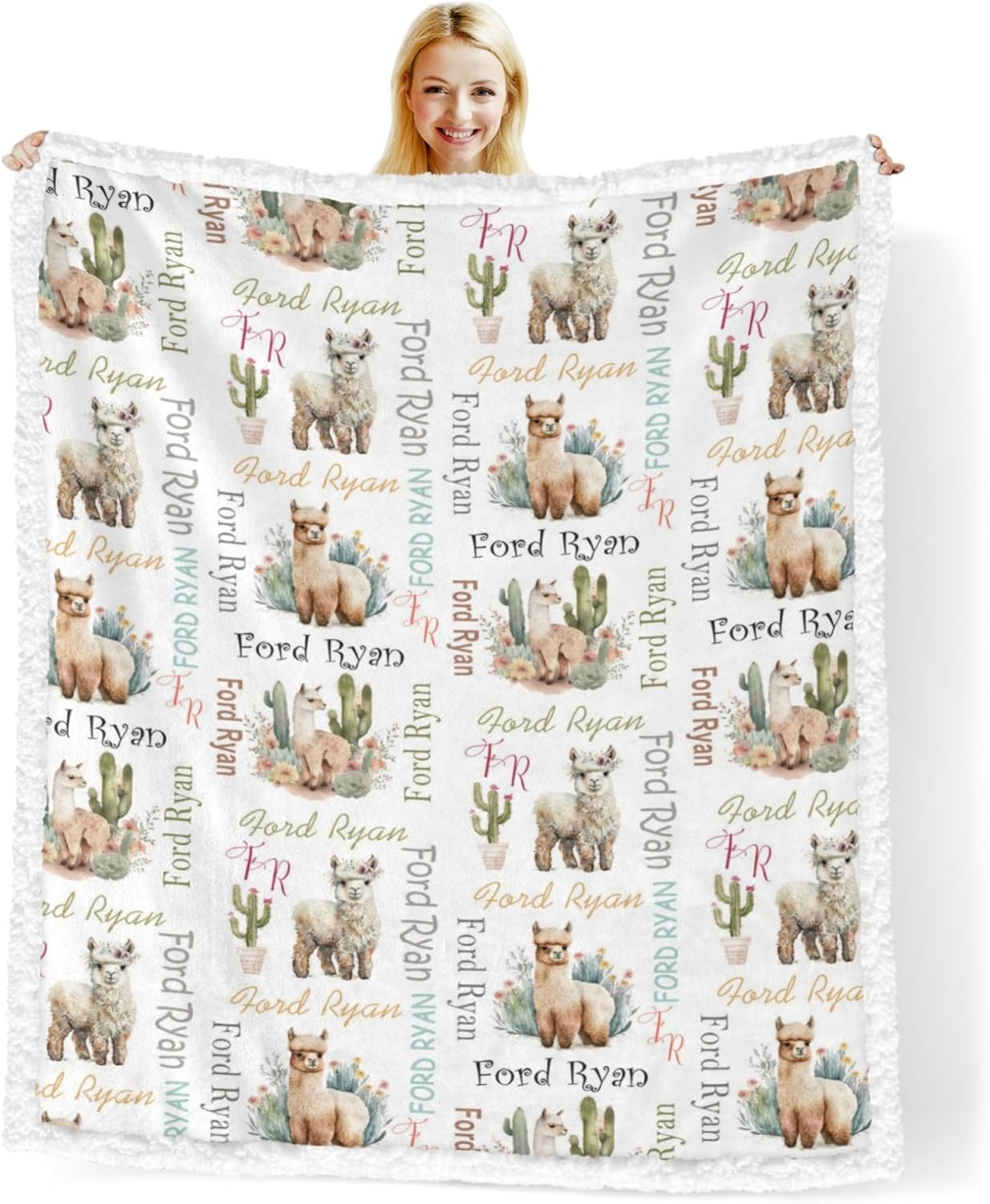 Sherpa Blanket Custom Baby Blanket with Name Alpaca Llama Personalized Baby Blankets for Boys Girls Newborn Nursery Sherpa Throw Blankets Receiving Blankets Girl Toddler Blankets Soft Fleece