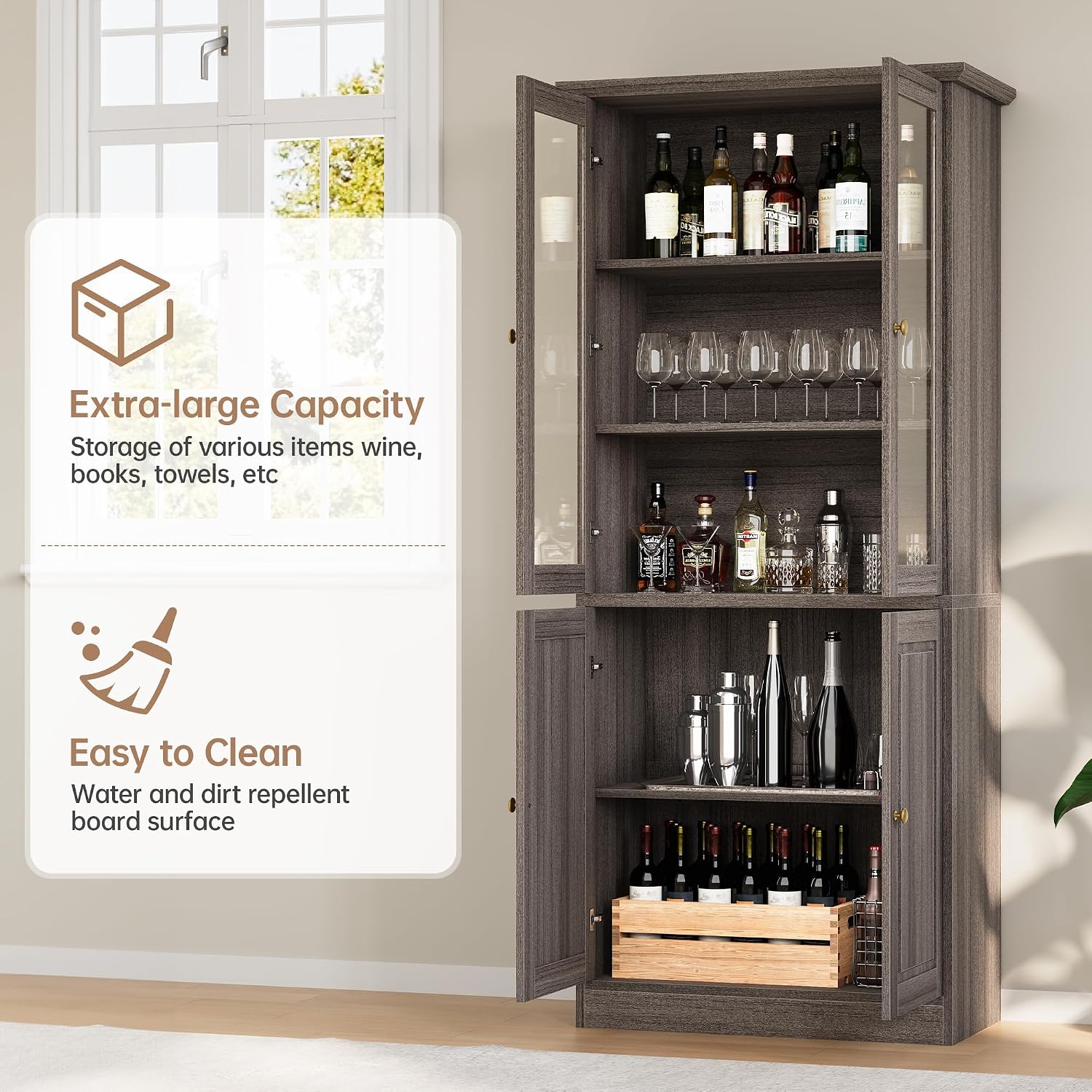 71" Kitchen Pantry Cabinet with Glass Doors, Modern Coffee Bar Storage Cabinet with Adjustable Shelves & Wooden Doors, Freestanding Cupboard for Dining Room or Living Room, Vintage Brown