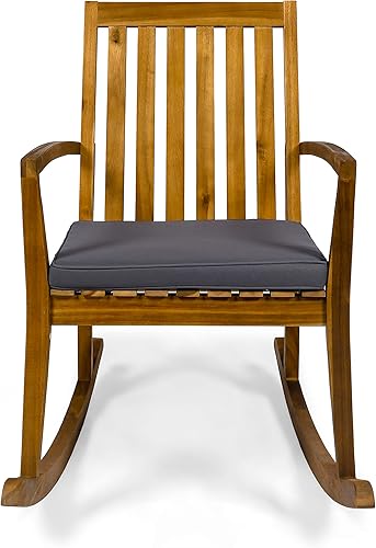 Vista 8 de GDFStudio Mecedoras para patio, con marcos de madera de acacia, acolchadas, tradicionales, acabado gris con gris oscuro (juego de 2)