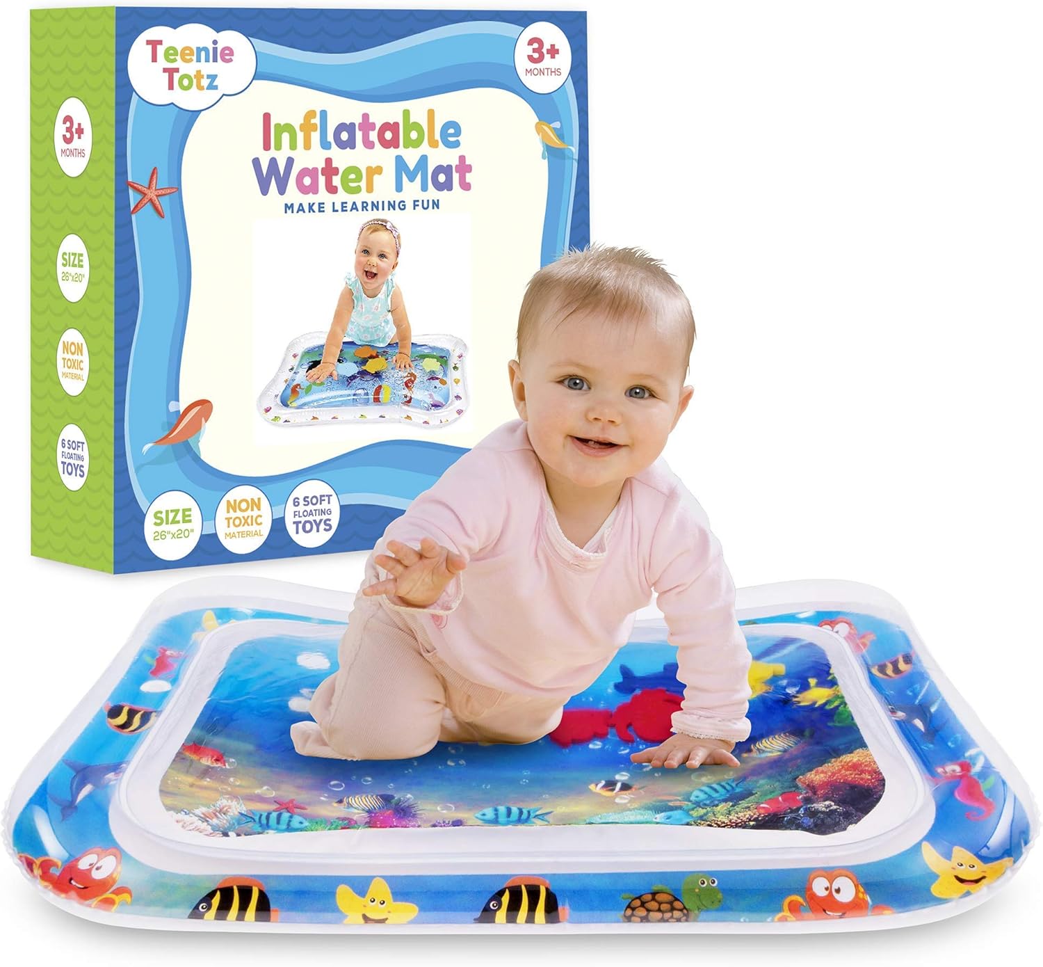 Teenie Totz Inflatable Tummy Time Water Mat,Premium Baby Water Play Mat for Infants Fun Play Activity Centre for Sensory Baby Development,Perfect Baby Water Mat for Newborns 3 Months with Fun Toys