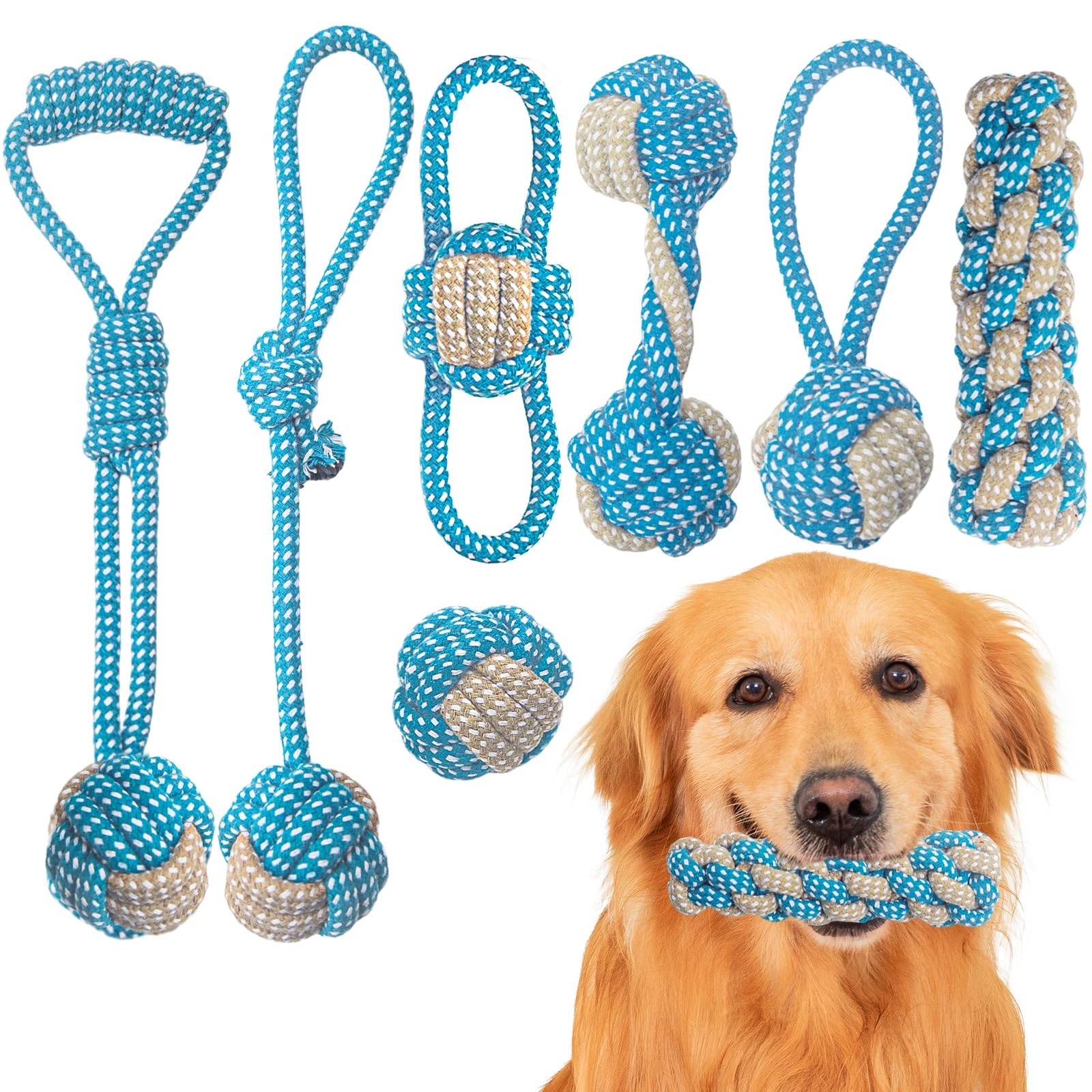 Weocar 7 Pack Puppy Rope Toys - Variety of Cotton Rope Toys for Small Dogs, Teething, Chewing & Keeping Dogs from Being Bored - Blue