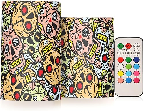 MCHIVER Velas sin llama de diamantes de calavera de azúcar de Halloween con temporizador remoto que funcionan con pilas, juego de 2 velas LED para
