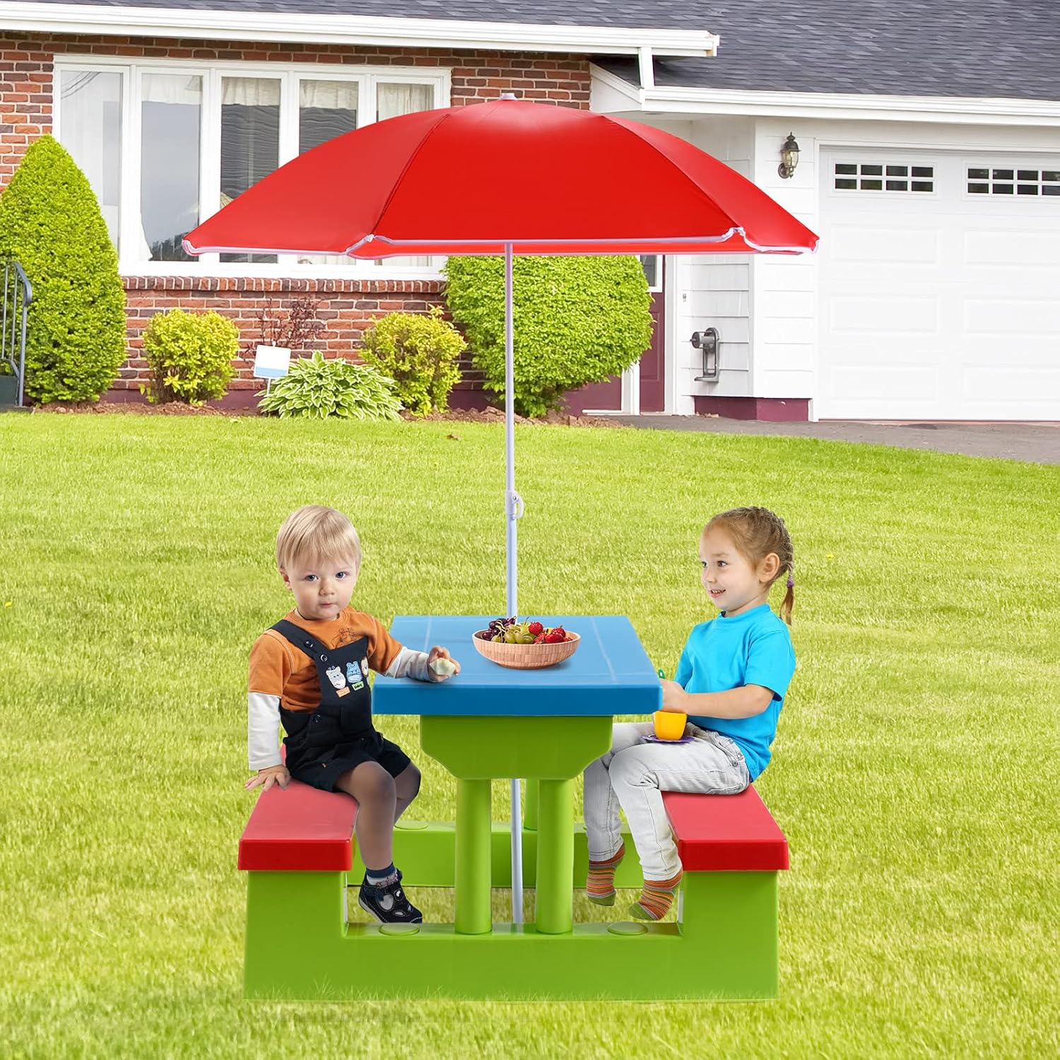 Rainbow Delight Collapsible Kids' Picnic Table with Adjustable Umbrella