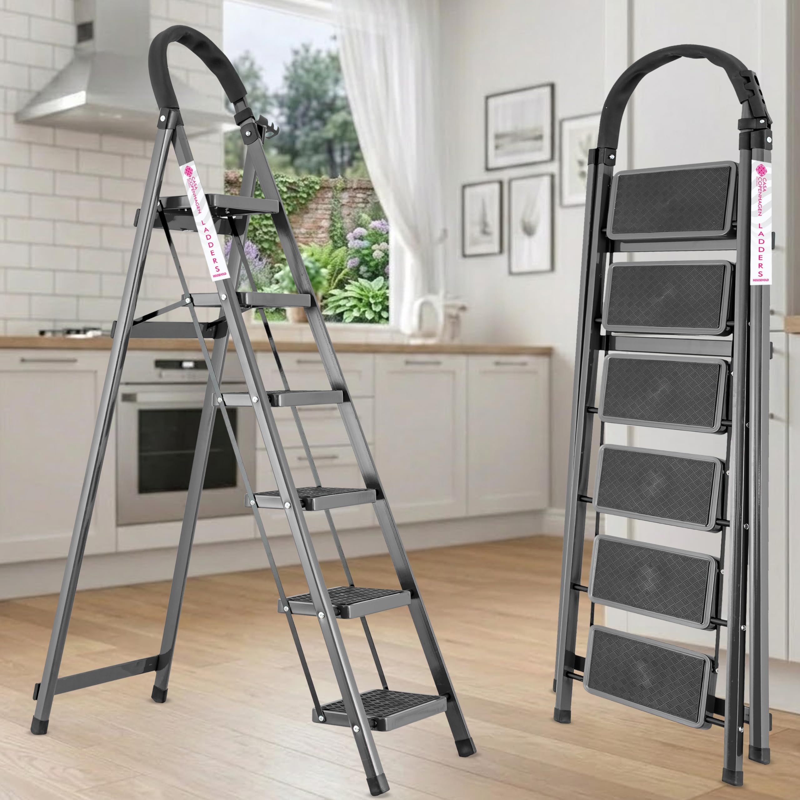 Casa Copenhagen Black 5 Step Ladder for Home Use with Built-in Tool Tray | Heavy Duty D Shape Rods | Ultra Large Platform | Wide Rubber Feet | 150Kg Capacity Foldable Ladder - 7 Years Warranty — Amazon image 22