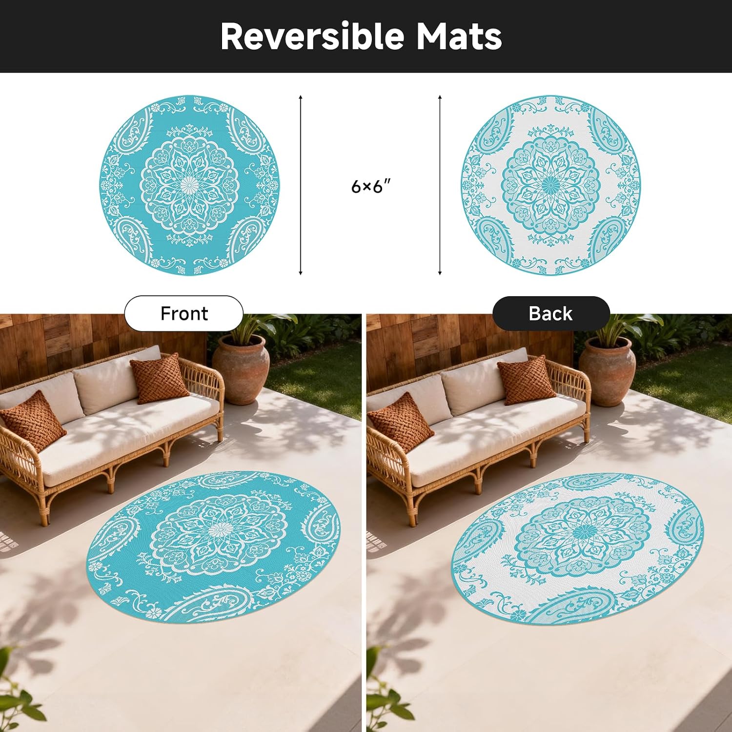 Pauwer Outdoor Rug 6ft, Waterproof Plastic Straw Camping Rug, Boho Teal image 2