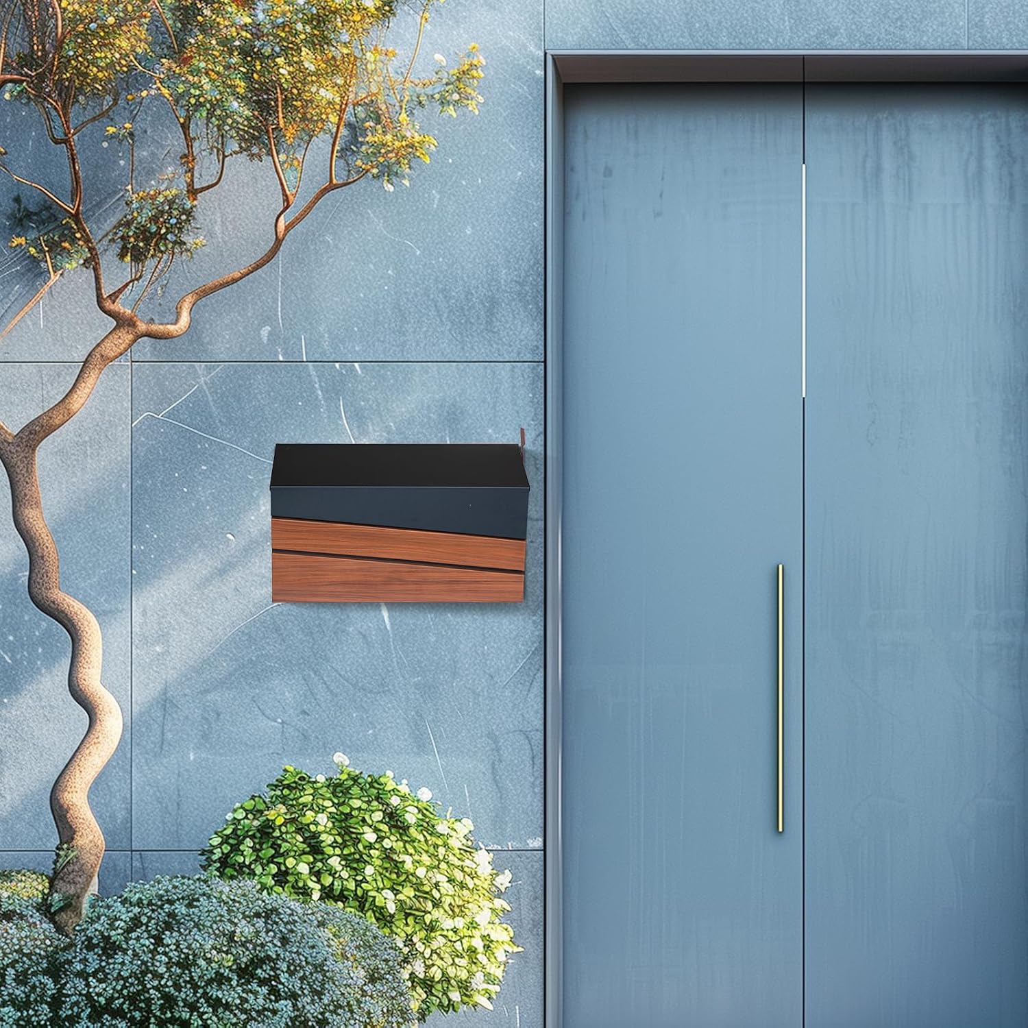 Wall Mount Mailboxes, Morden Mailbox for House, Metal Outside Mailbox with Walnut Wood Panel, Large Capacity Galvanized Steel Post Box with Flag (No Keys Locking)