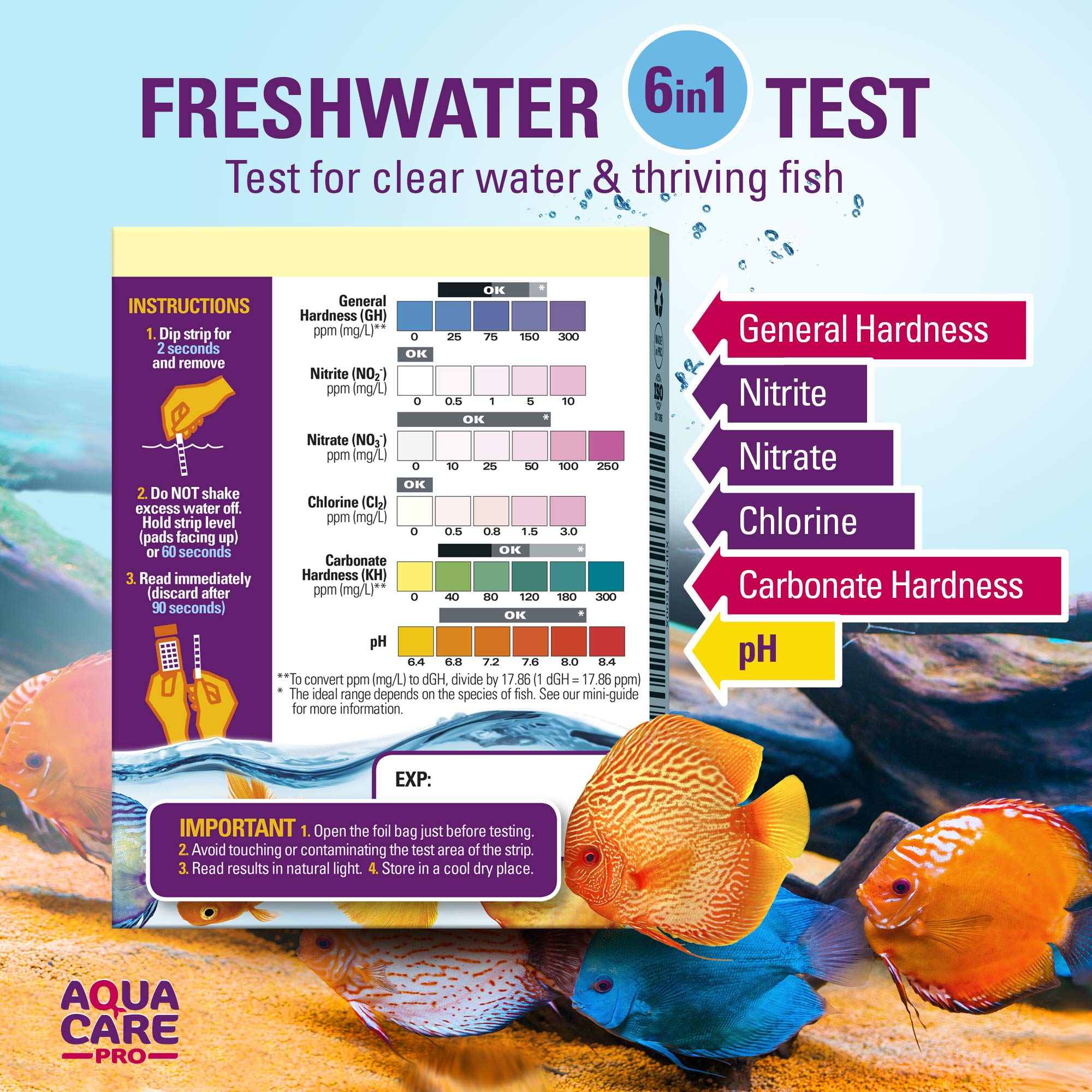 AQUA CARE PRO Freshwater Aquarium Test Strips 6 in 1 Fish Tank Test
