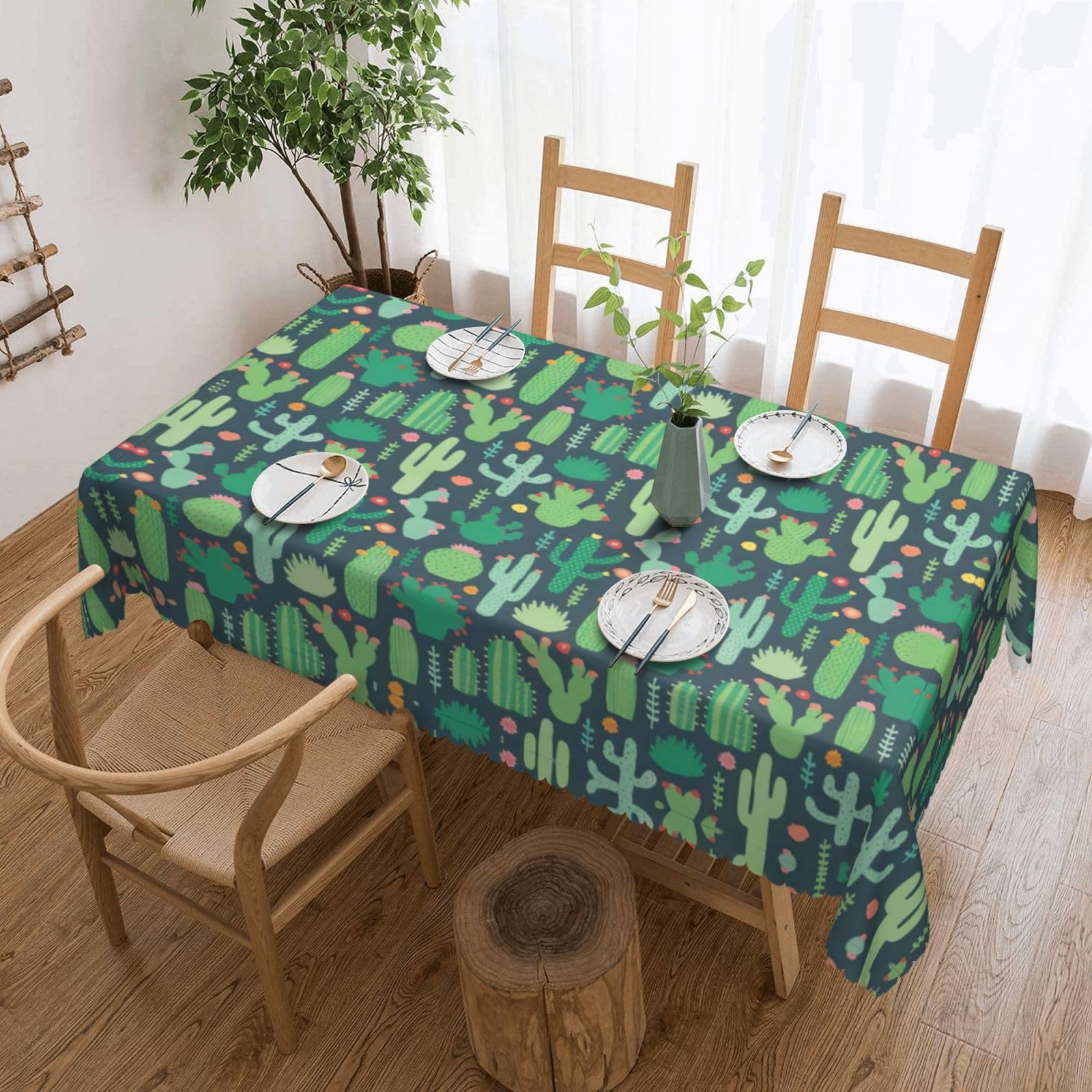 QAZWZML Cute Cactus Seamless Illustration Printed tablecloth, made of thick polyester with lace trim, suitable for dining rooms, picnics, and weddings