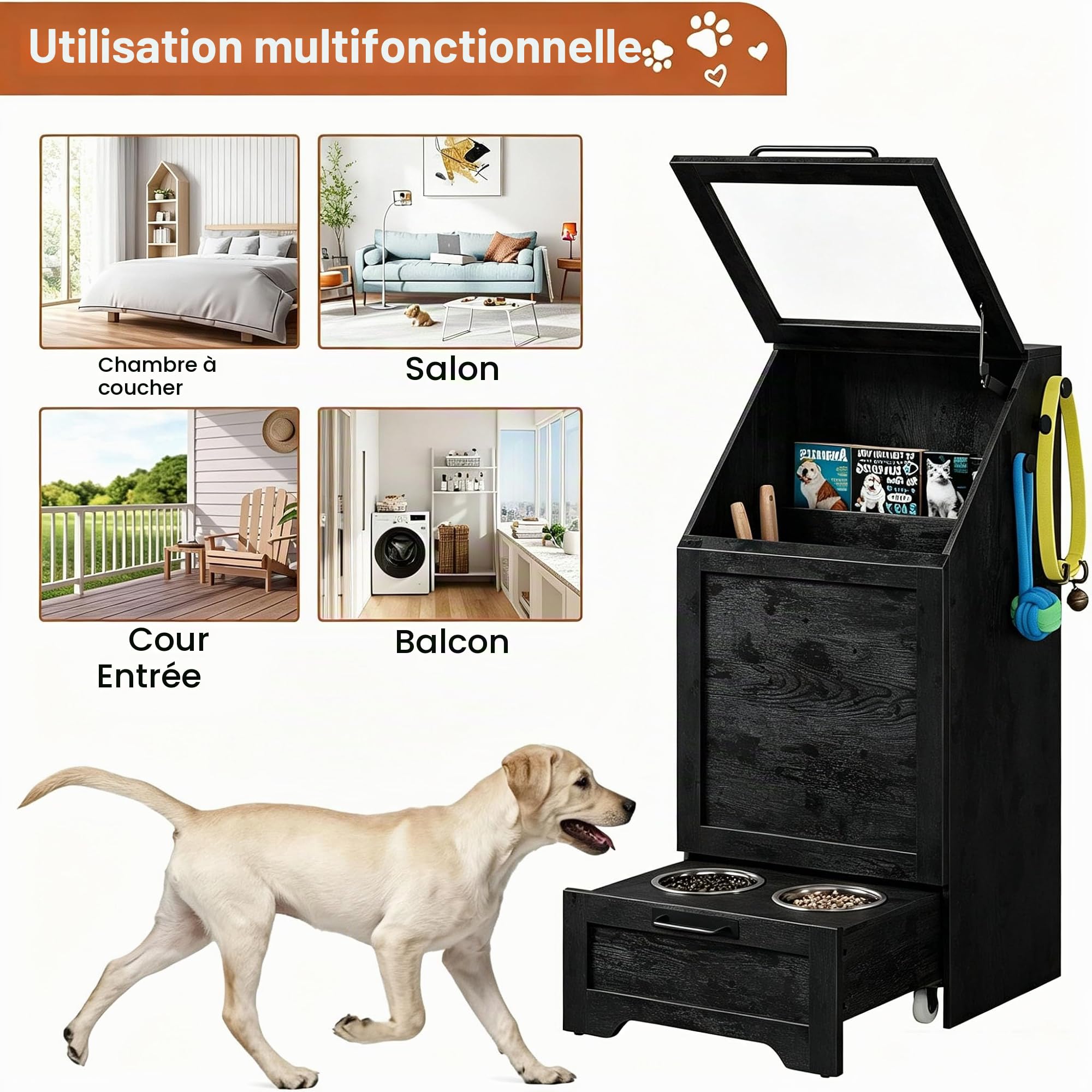 Garvee Station d'alimentation pour Chiens, Meuble d'armoire Alimentaire avec 2 Gamelles Surélevées pour Chien, Boîte de Rangement 3 Crochets, Organisateur de Jouets pourAnimaux Domestiques