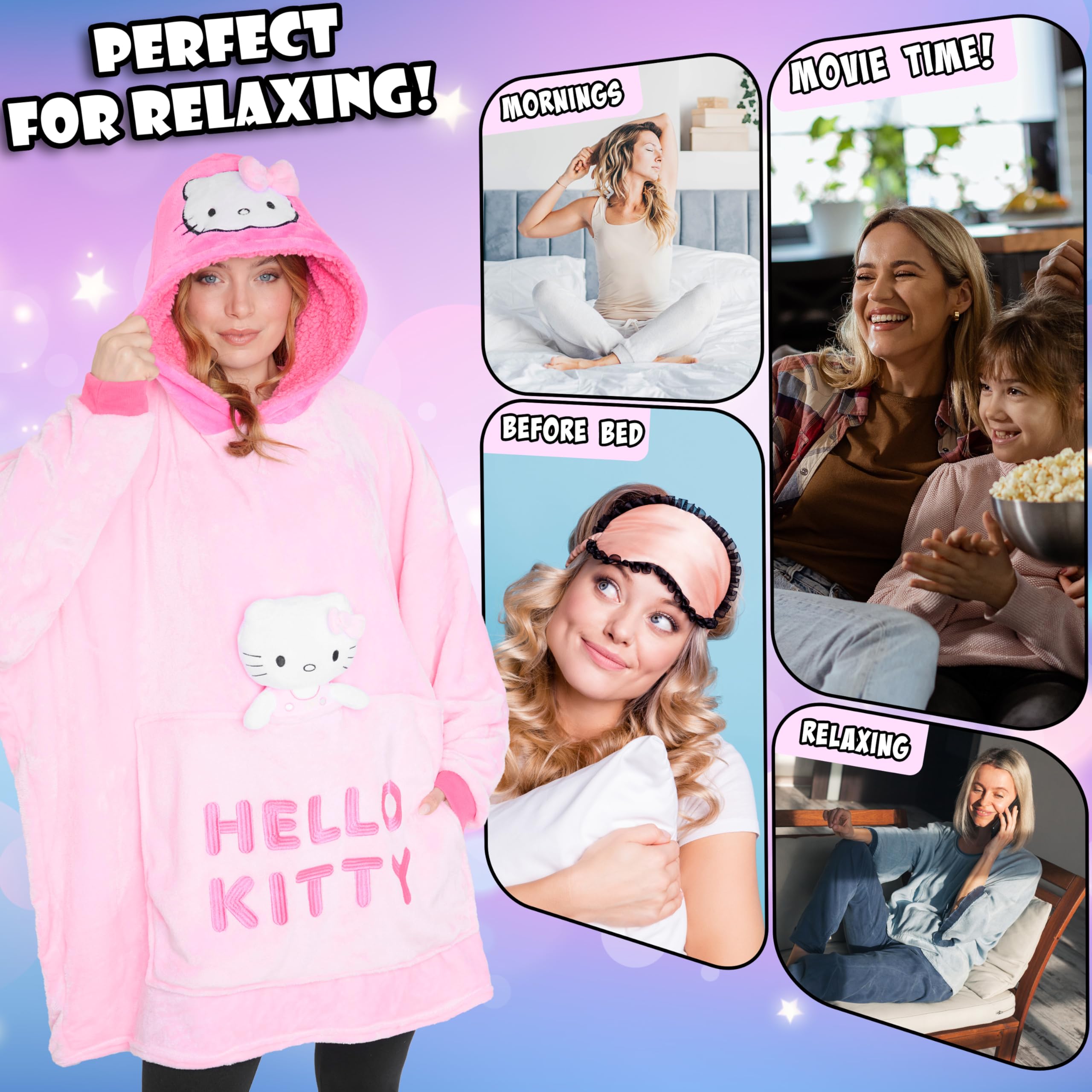 Hello Kitty Sanrio Couverture à Capuche Femme et Ado, Couverture Polaire Oversize avec Peluche Intégrée, Anime Cadeau Femme