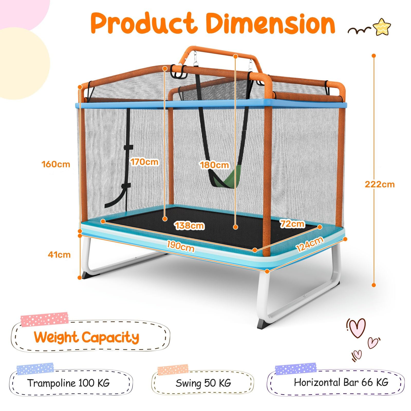 LIFEZEAL Trampolina dziecięca 3 w 1, ze zdejmowaną huśtawką i drążkiem, prostokątna trampolina ogrodowa, dla dzieci, 190 x 124 x 222 cm, do użytku na zewnątrz i wewnątrz