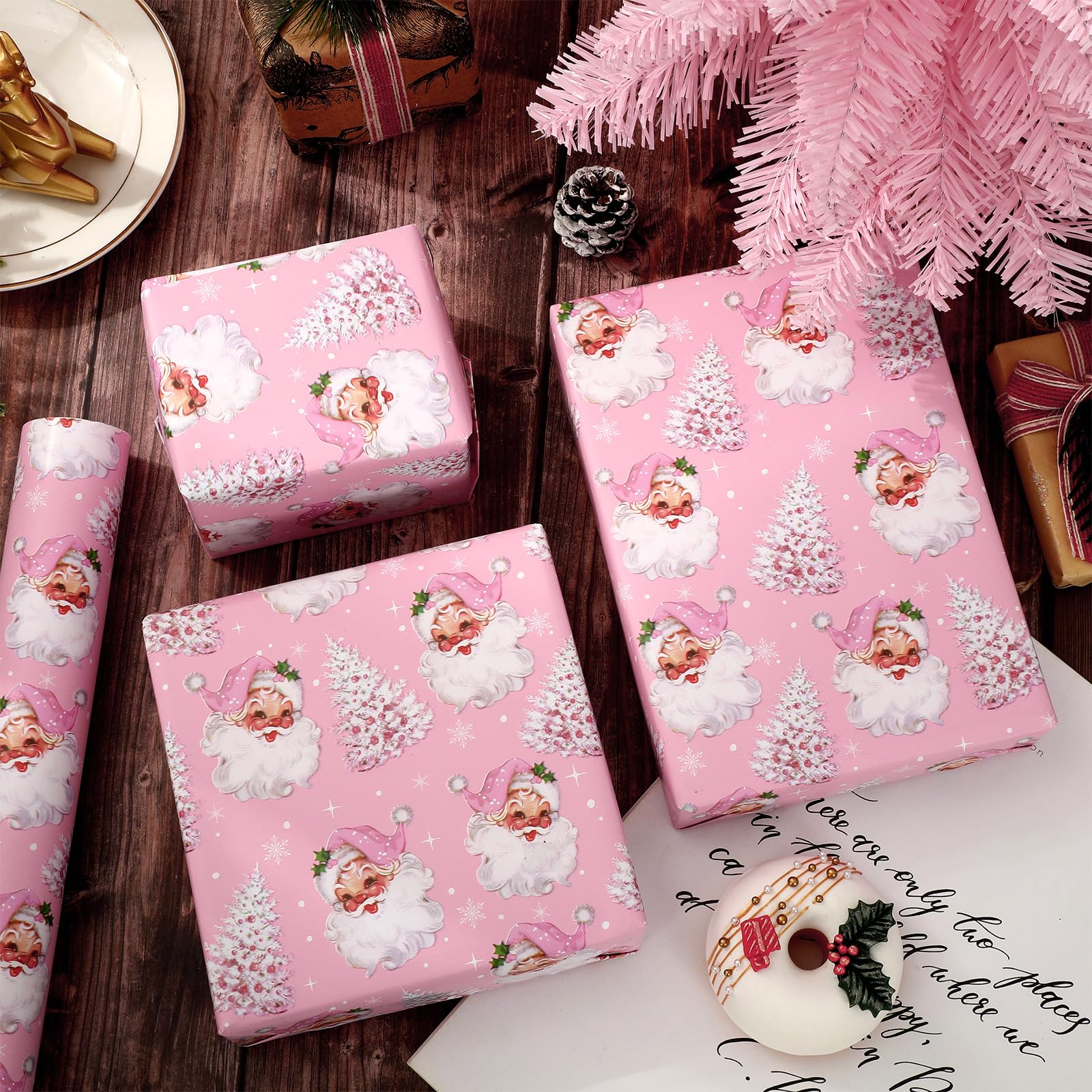 JarThenaAMCS Mini rouleau de papier cadeau de Noël – 43,2 cm x 10 m – Papier cadeau rose pour loisirs créatifs, fournitures de fête à la maison