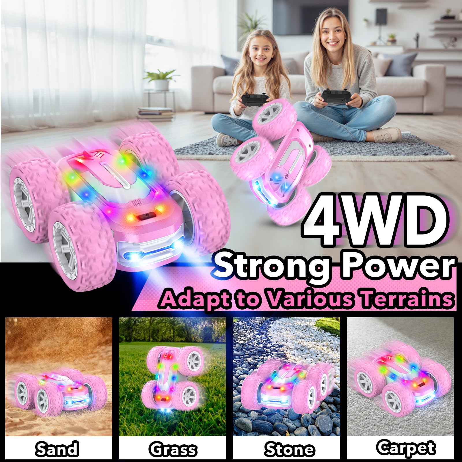 Macchina Telecomandata Bambina, 4x4 Acrobatica Macchinina con LED, RC Auto Radiocomandata Remote Control Car Giocattoli, Compleanno Regalo Bambini 6 7 8 9 10 Anni Giochi Bimba, Rosa Monster Truck