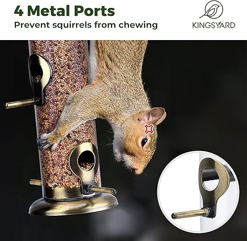 Miniatura 4 de Kingsyard Comederos metálicos para colgar en exteriores, comedero para pájaros de tubo extra grueso con colgador de acero y 4 puertos, 15 pulgadas,