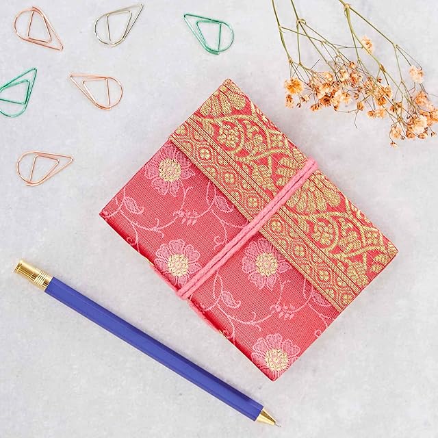 Sari Notebook Mini 8cm x 10.5cm - Pink - Unlined Recycled Paper - Elastic Closure - Pocket Notebook and Diary - Indian Stationery Gift - for Men Women Students