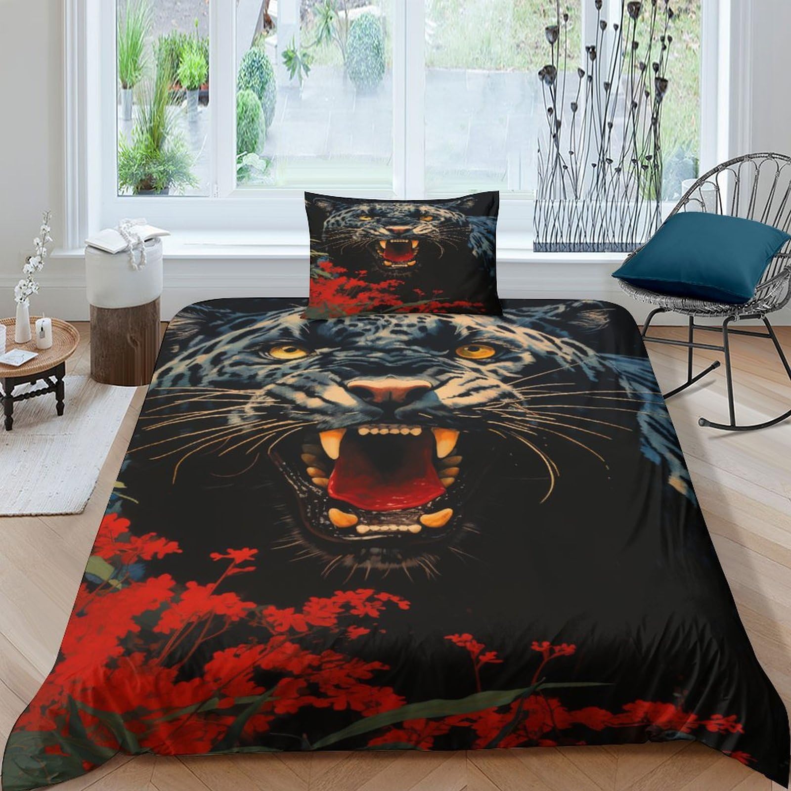 Housse de couette panthère noire 3D en microfibre zippée anti-plis