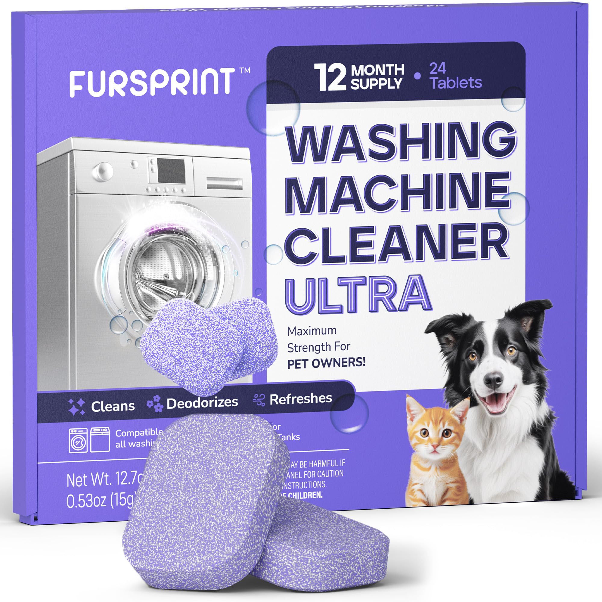 Fursprint Washing Machine Cleaner Tablets Ultra – 40% Stronger Formula: Designed for Pet Owners, Removes Residue, Grime & Odors, Compatible with HE,