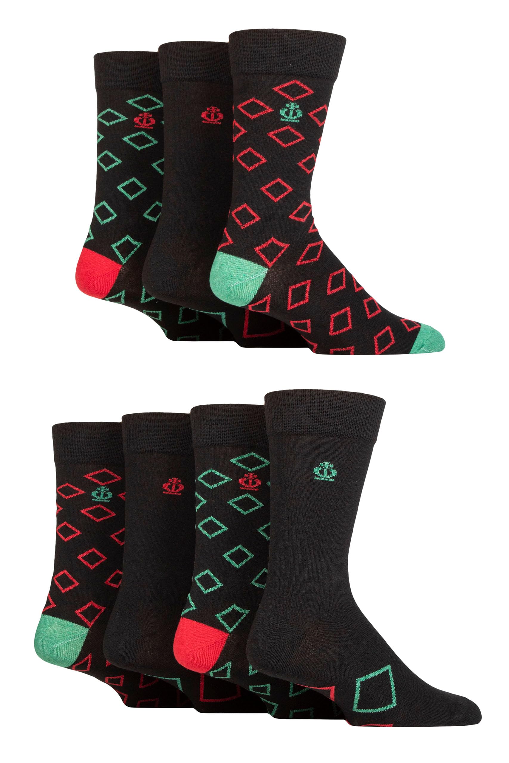 Jeff Banks Recycled Cotton Socks - Patterned Colourful with a Gift Tag 7 Pair Multipack Perfect for Gift Giving Diamonds Black 7-11