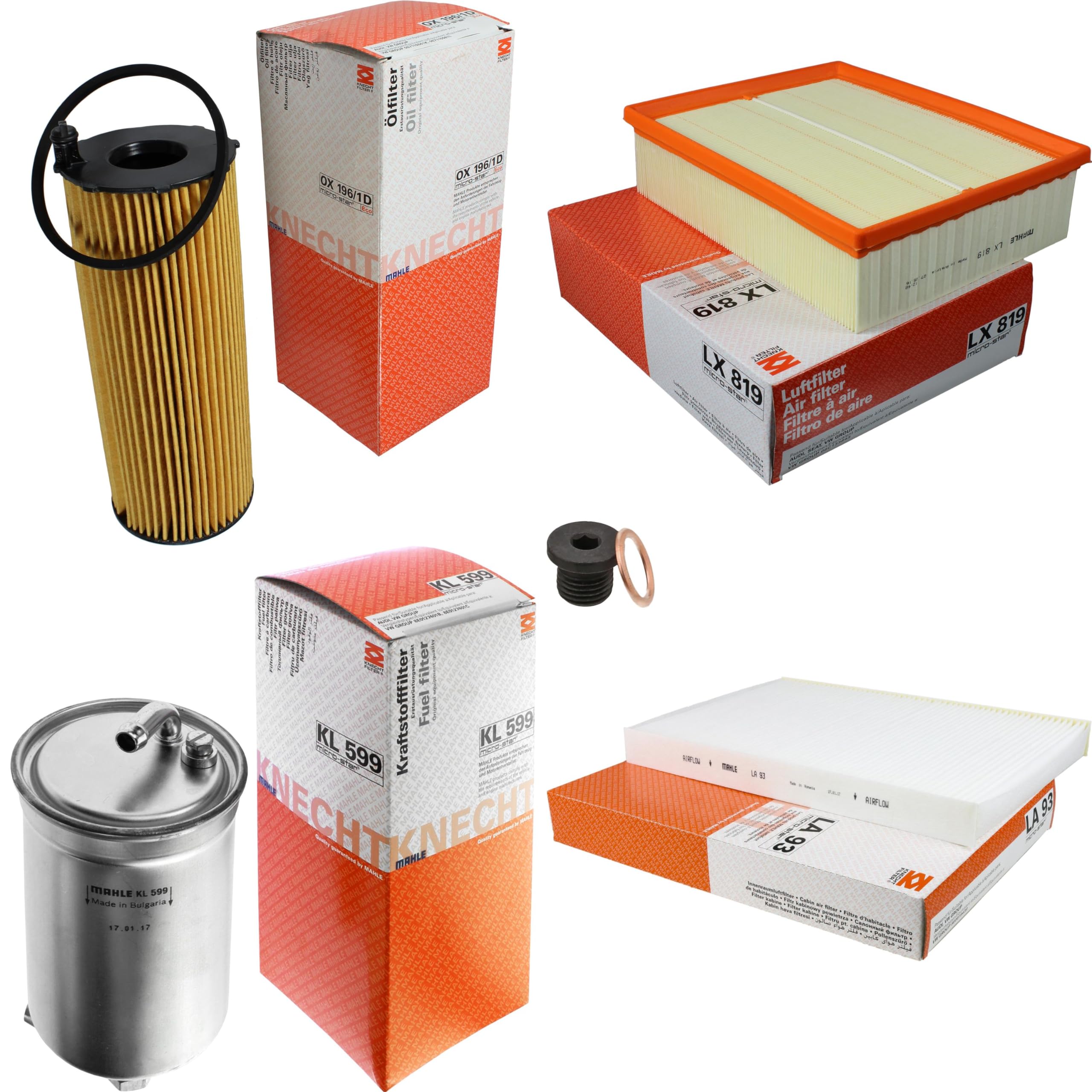 Paquete de inspección Kit de mantenimiento con filtro de aceite OX 196/1D, filtro de aire LX 819, filtro de combustible KL 599, filtro de habitáculo LA 93, tornillo de cierre