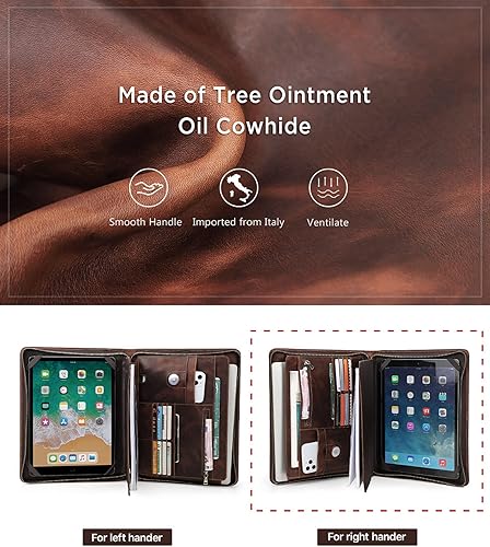 Vista 8 de Top Grain Leather Cartera grande de 12.9 pulgadas, diseño retro hecho a mano, gran capacidad, multifuncional, con cremallera, soporte para tarjetas