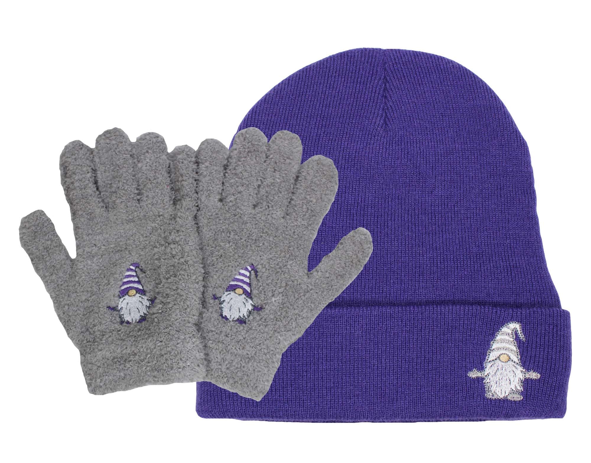 TeddyT's Women's Purple Beanie Hat and Boucle Super Soft Gonk Gnome Winter Gloves