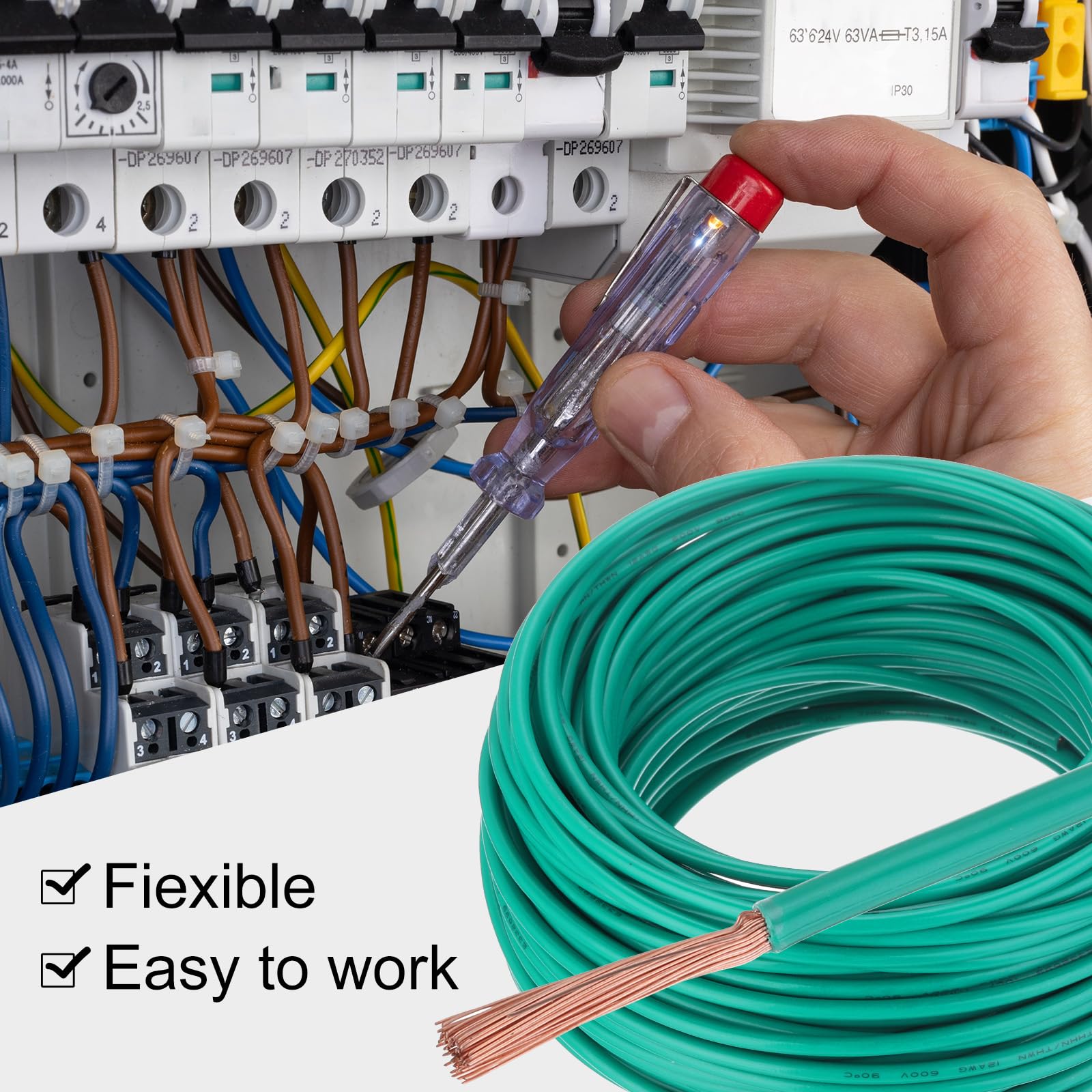 QUARKZMAN Cable Eléctrico Aislado Cobre Trenzado 12 AWG 100 Pies Cable Conexión THHN Cable Para Timbre Cableado Industrial Cableado Para Remolques Para 600 Voltios Listado UL Verde