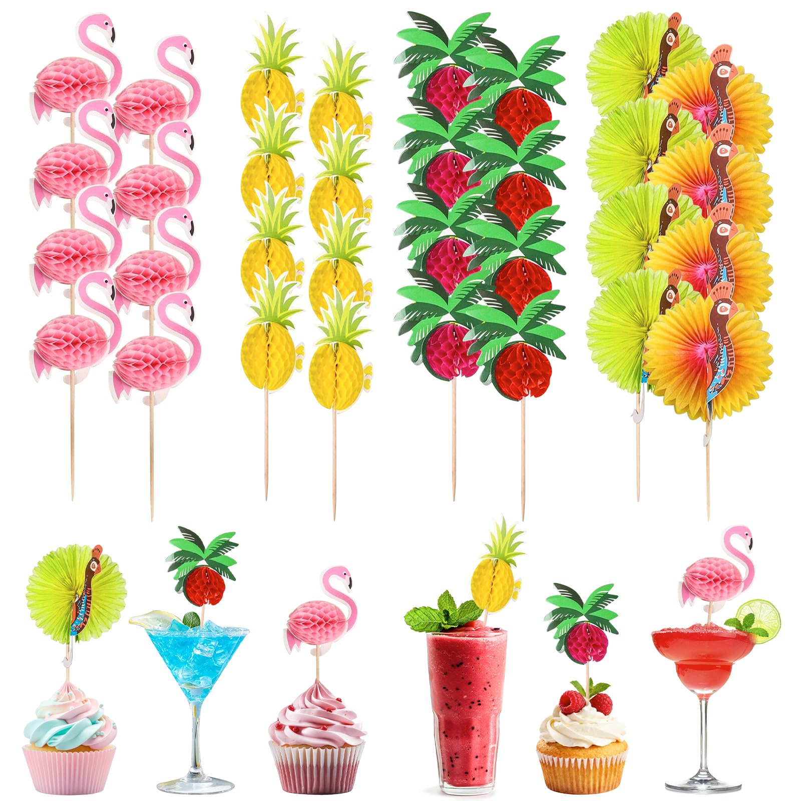 Decorazioni per Cocktail, 100 Pezzi Stuzzicadenti Decorativi, Stuzzicadenti Decorativi per Cocktail, Decorazione Torta Hawaiana, Cake Topper Tropicali, per Festa Spiaggia Hawaii