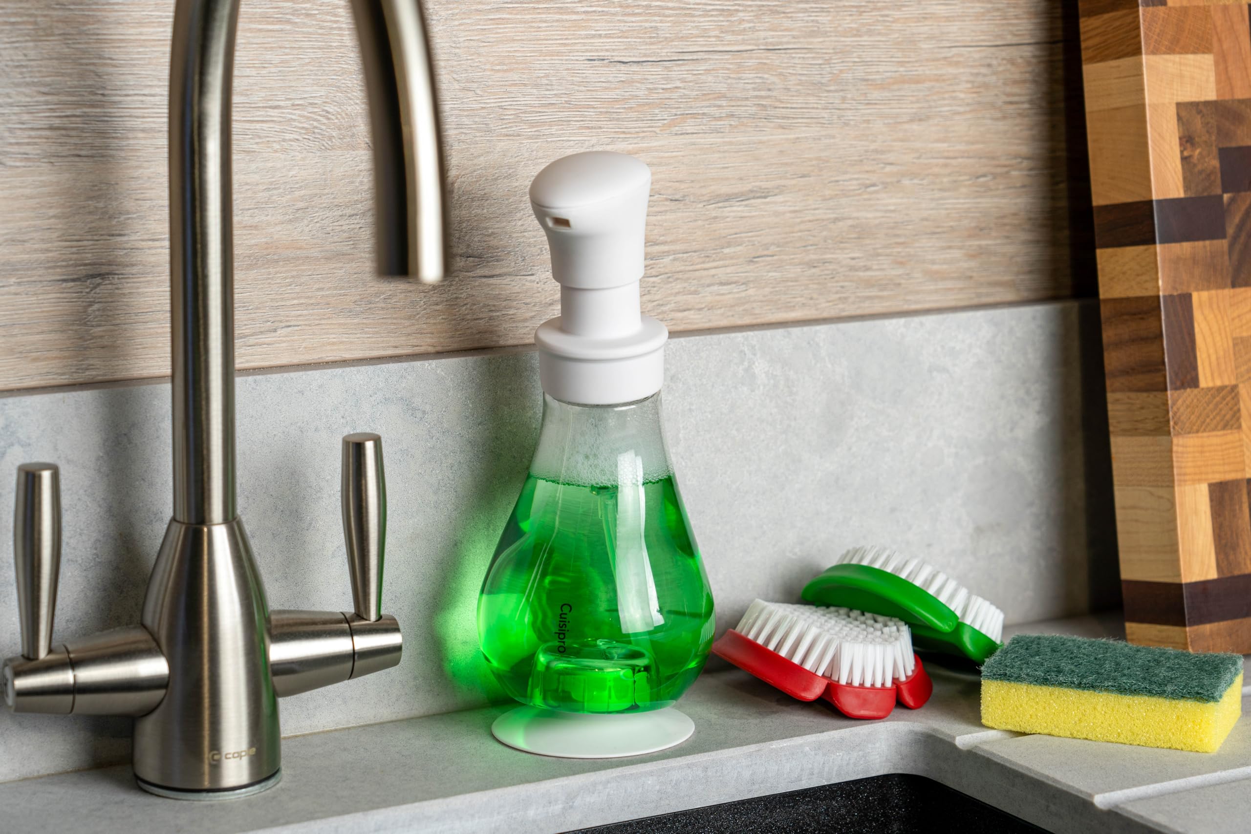 Cuisipro Dozownik mydła biały | 390 ml | zamienia wodę i mydło w płynie w kremową piankę mydlaną | również do mycia naczyń | z przyssawką | dozownik płynu do mycia naczyń | dozownik mydła z tworzywa