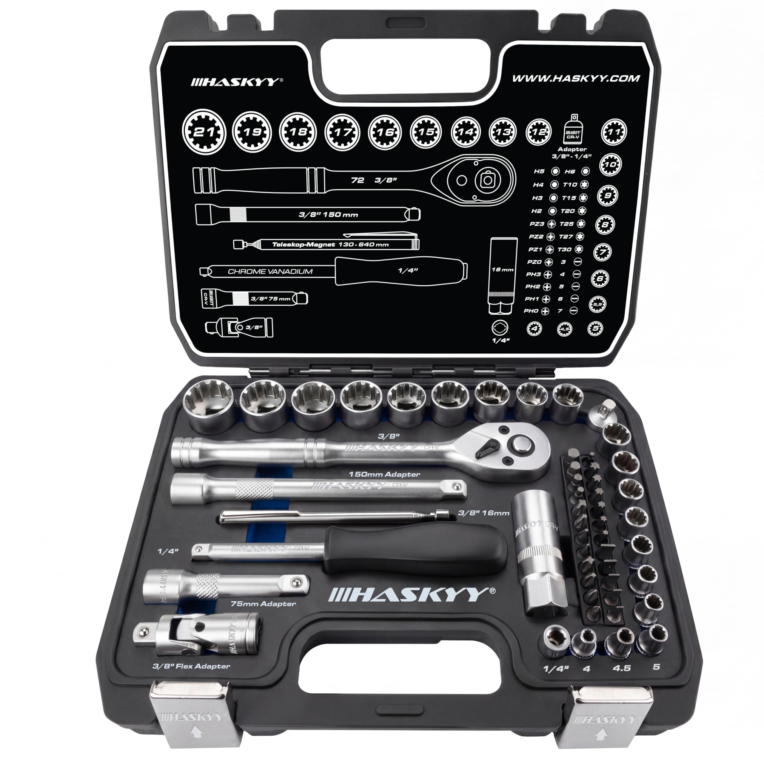 HASKYY Juego de 52 piezas de llaves de vaso Gear Lock TORX, con perfil XZN, perfil E, de diversas pulgadas, para tornillos de 6 y 12 caras, en tamaños métricos