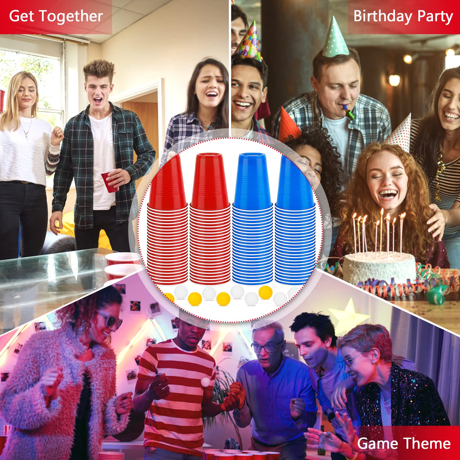 Frasheng BeerPong Coppe Riutilizzabili, 100+50 Coppe (BeerPong) Rosse e Blu, 12 Palline, 16oz/450ml, Bicchiere di Plastica con Pallina da Ping Pong, Gioco Alcolico per Adulti Festa