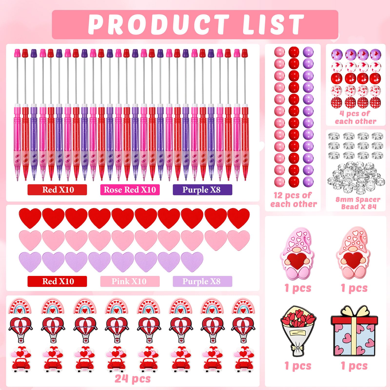 Fullhawl Kit de 224 lápices con cuentas para el día de San Valentín, 28 juegos de lápices con cuentas rosas, bolsas de lápices de cuentas para regalos del día de San Valentín, suministros de oficina