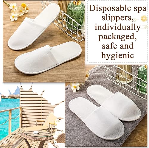 Miniatura 5 de Coume 48 pares de pantuflas desechables para invitados, suaves y desechables para hotel, spa, punta abierta y punta cerrada, color blanco,