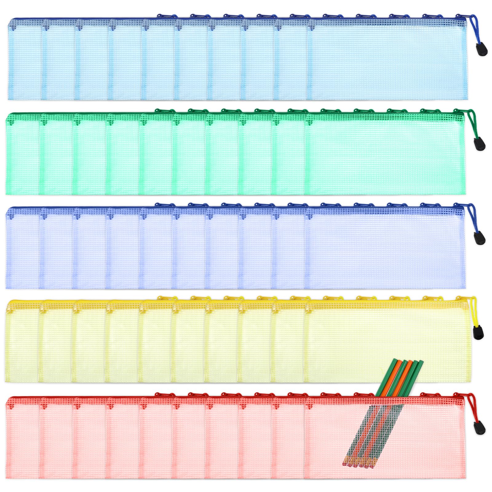 HOFURME 50 Pack Plastic Mesh Zipper Pouch, 5 Colors (8.85 x 4.52 inches) Plastic Zipper Pouches for Organizing Documents, Cosmetics, Office Supplies and Travel Storage Essentials