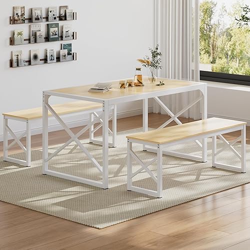 Miniatura 8 de VECELO Juego de Mesa de Comedor de Cocina con Bancos para 4, Mesa de Comedor de Madera de 43.3" con 2 Bancos, Mesa de Comedor de Alta Resistencia