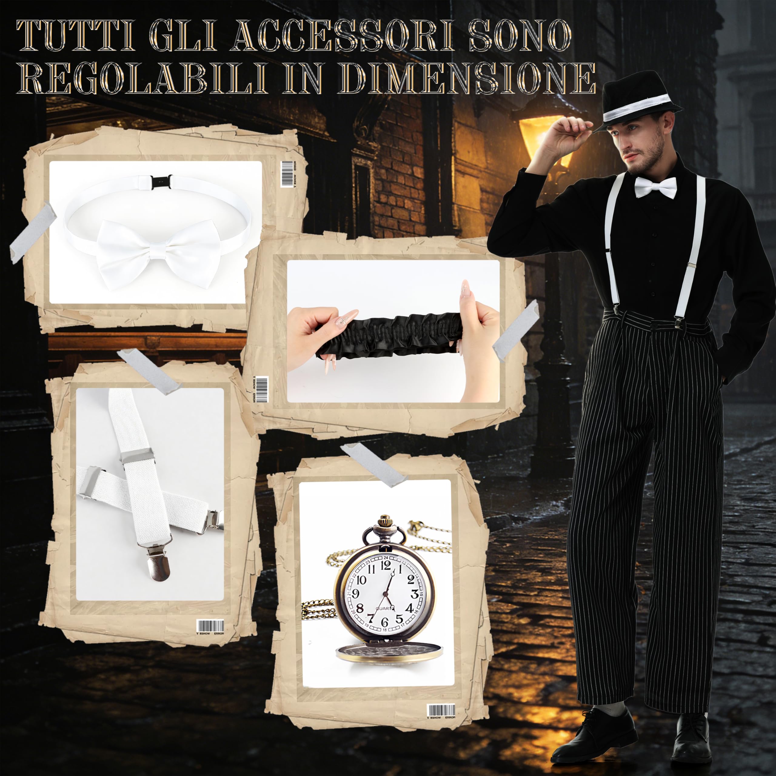 Charmofun Vestiti Anni 20 Uomo, Costume Gangster Uomo Anni ’20 con Camicia, Pantaloni, Bretelle e Cappello, Set di Accessori Mafia Vintage per Carnevale e Feste a Tema (Nero, L)