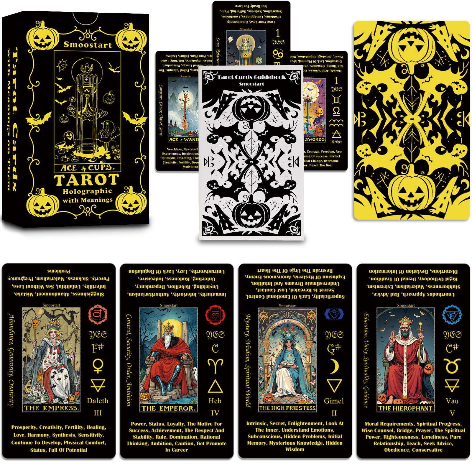 Smoostart Black Halloween Style Tarot Cards with Meanings, Tarot Cards Deck with Guidebook for Beginners, Halloween Elements Tarot Contains Multiple Interpretations