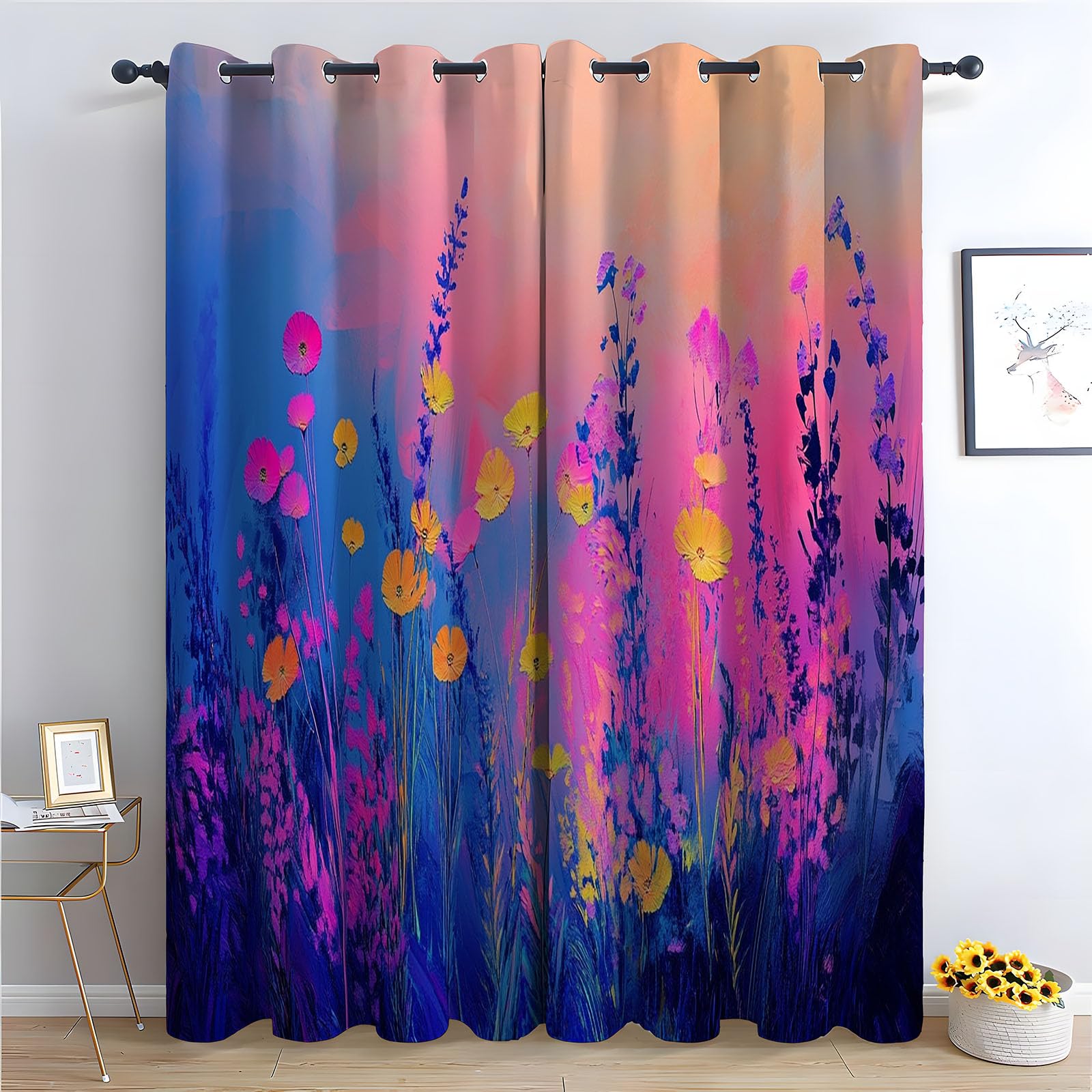 WIKEO Curtains for Living Room Colorful Beautiful Flowers Blackout Grommet Drapes Printed Pattern Floral Window Curtain Panels for Bedroom Aesthetic, 2 Panels Set-52 W x 96" L (Pack of 2)